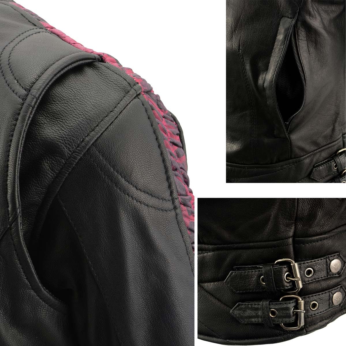 Milwaukee Leather MLL2571 Women's Black & Pink Crinkled Arm Lightweight Racer Jacket - Small | Stylish Motorcycle Riding Gear for Women