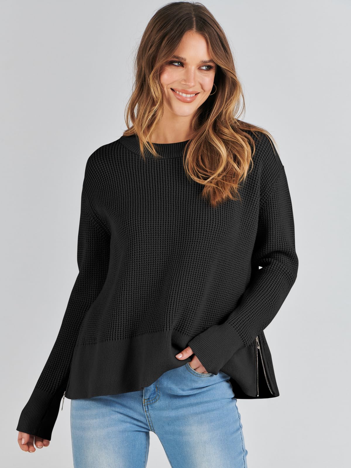 ANRABESS Women's Long Sleeve Waffle Knit Pullover Sweater with Side Zipper & Thumbholes | Casual Crewneck Top for Fall 2024 | Perfect for Autumn Layering, Coffee Dates & Weekend Outings