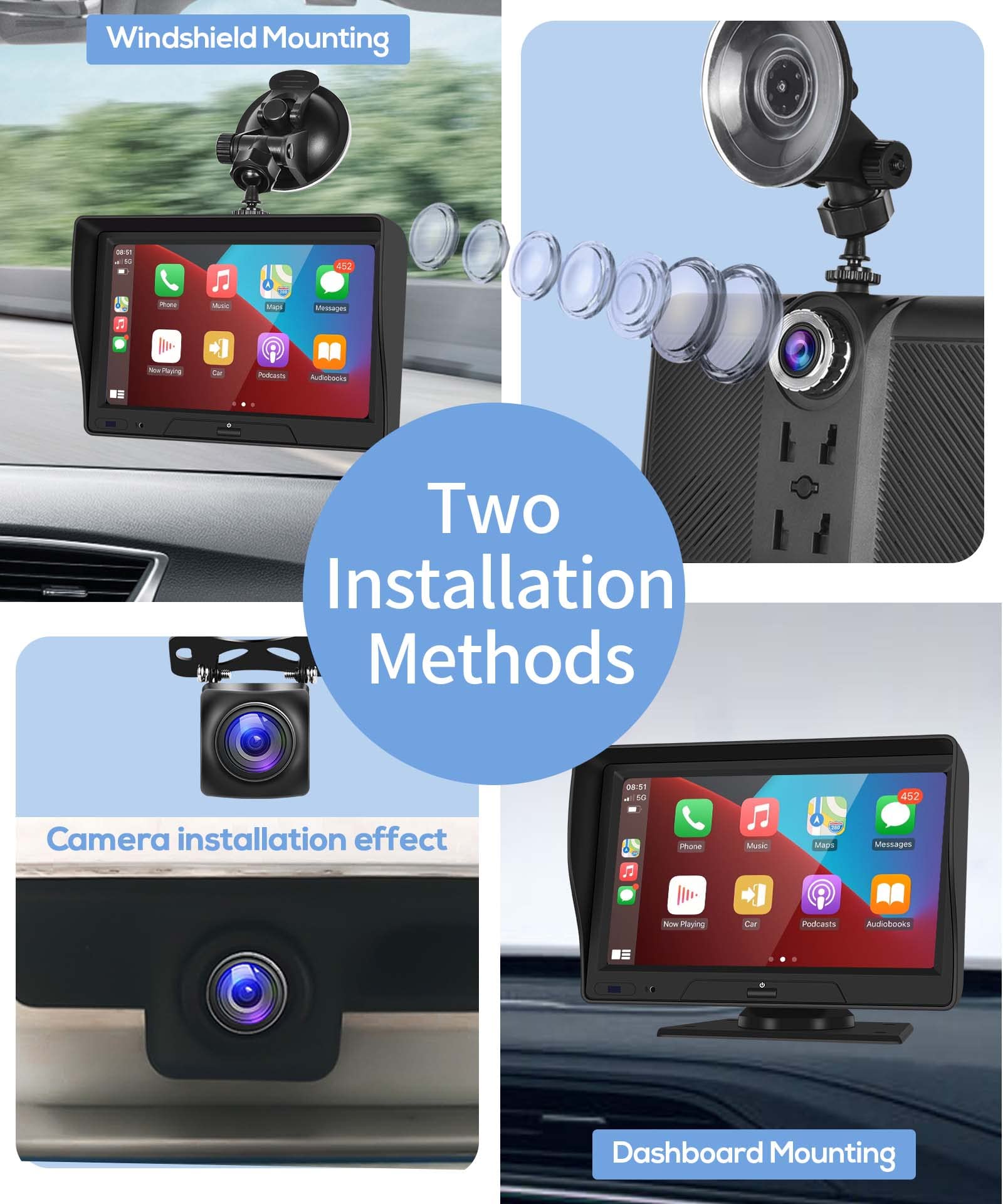 Rimoody 7'' Wireless CarPlay Screen with Dash Cam - Portable Car Stereo for Android Auto, Bluetooth, Touch Screen, Backup Camera, Voice Control & FM Transmission - Perfect for Road Trips & Hands-Free Driving