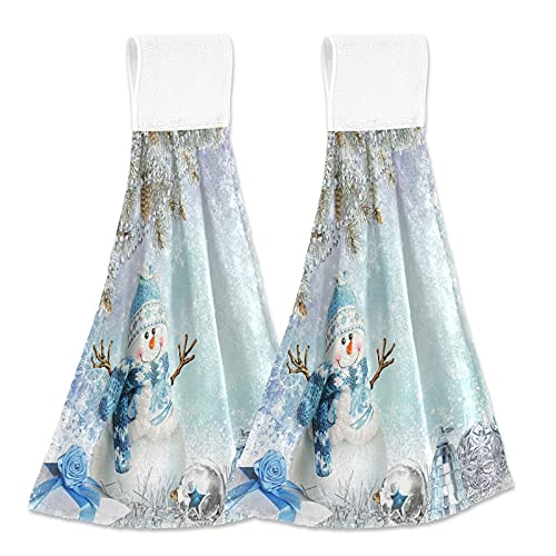 Christmas Snowman Kitchen Towels Set of 2 - Soft Absorbent Coral Velvet Hand Towels with Loops for Bathroom, Kitchen & Oven Handle - Winter Snowflake Decor Holiday Dish Towels for Gifts & Home Decor