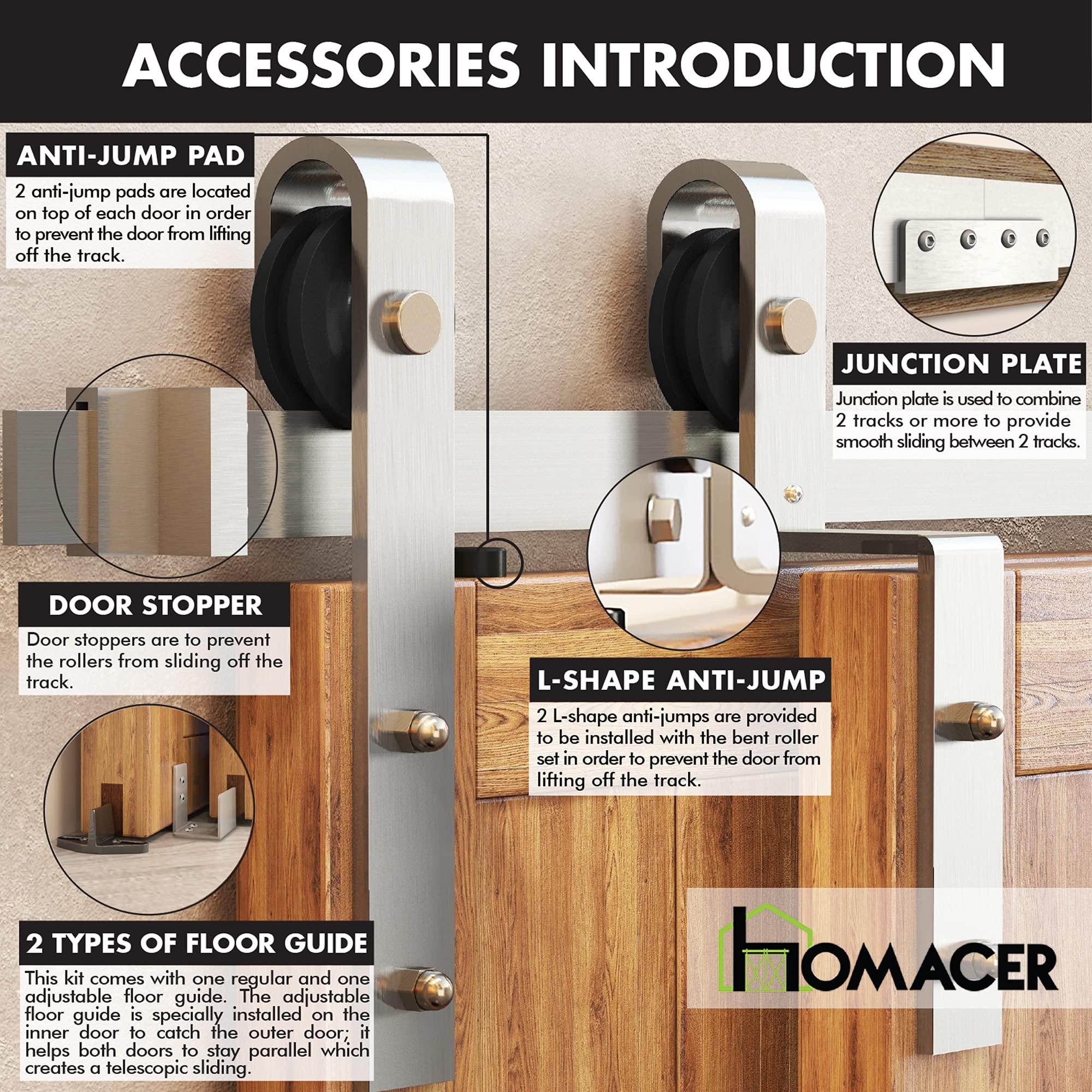 Homacer Brushed Nickel Single Track Bypass Sliding Barn Door Hardware Kit for Double Doors - 7.5ft Flat Track with Classic Roller Design - Perfect for Farmhouse, Rustic, and Modern Interior Styles