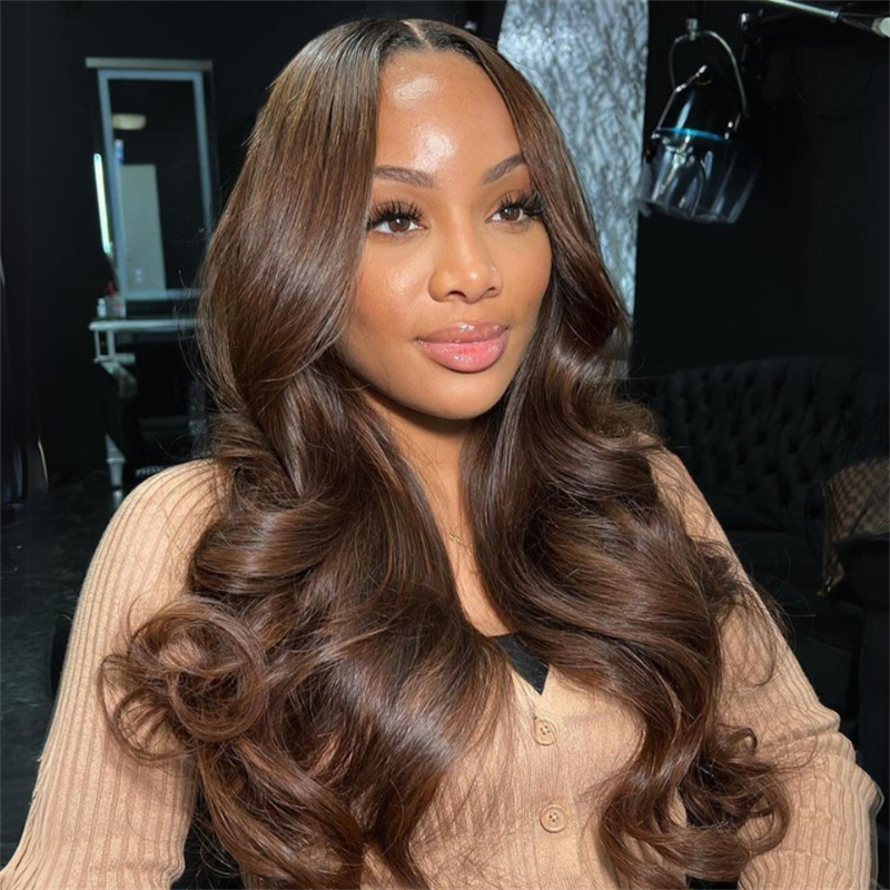 Eullair Brown Straight Human Hair Wig with Curtain Bangs - Body Wave Lace Frontal Wig, Glueless & Natural Look for Daily Wear, Cosplay, and Special Occasions