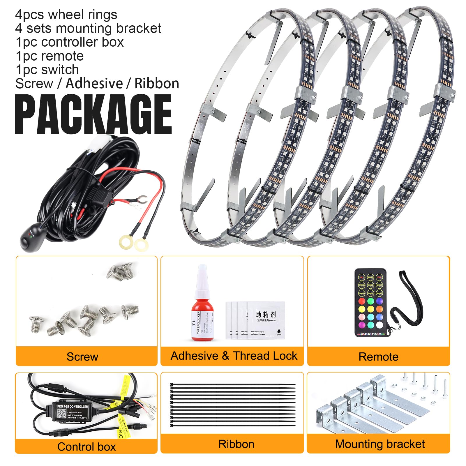 Adjustable 14-18 Inch 2-Rows RGBW LED Wheel Ring Lights with Switch - Color Changing Rim Lights for Trucks, Pickups, SUVs & Off-Road Vehicles (4 Wheels) - Perfect for Night Driving, Car Shows & Off-Road Adventures