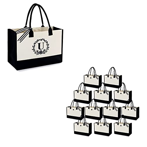 Personalized BeeGreen Initial Canvas Tote Bag with Zipper Pocket - 13OZ Embroidery Monogrammed Blank Tote Bags (12 Pack Bulk) - Perfect for Women's Birthday Gifts, Shopping, Beach Trips & Everyday Use