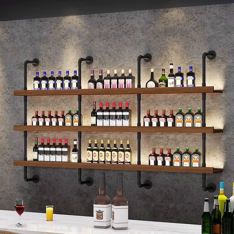 Premium Solid Wood Wall Mounted Wine Rack with LED Lights - Large Floating Shelf for Liquor Bottles Storage (47.2x8.7x47.2in, Black) - Perfect for Home Bar, Dining Room Decor & Modern Kitchen Display