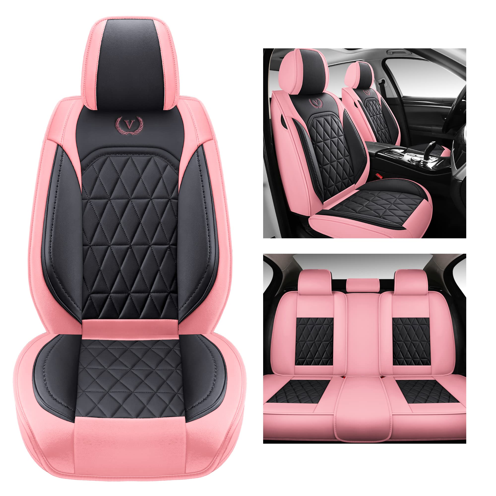 Premium YJZT01 Genuine Leather Car Seat Covers - Universal 5-Seater Full Set for Cars, SUVs & Pickup Trucks (Black/Pink) | Luxurious Comfort & Protection for Daily Commutes, Road Trips & Family Adventures