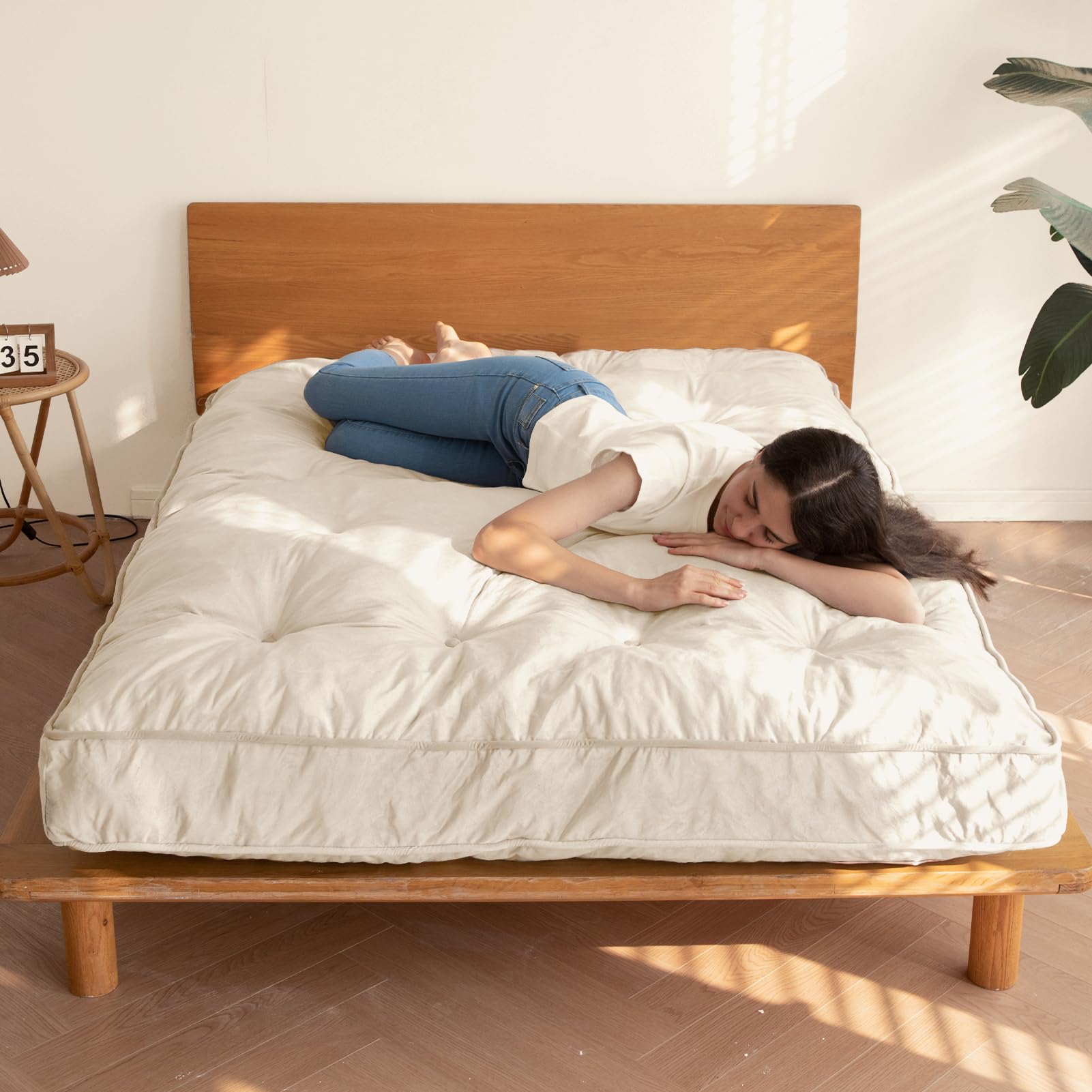 MAXYOYO 6-Inch Thick Velvet Futon Mattress for Sofa Couch Bed - Beige | Comfortable Sleeping & Lounging for Adults | Perfect for Guest Rooms, Small Apartments & Dorm Rooms