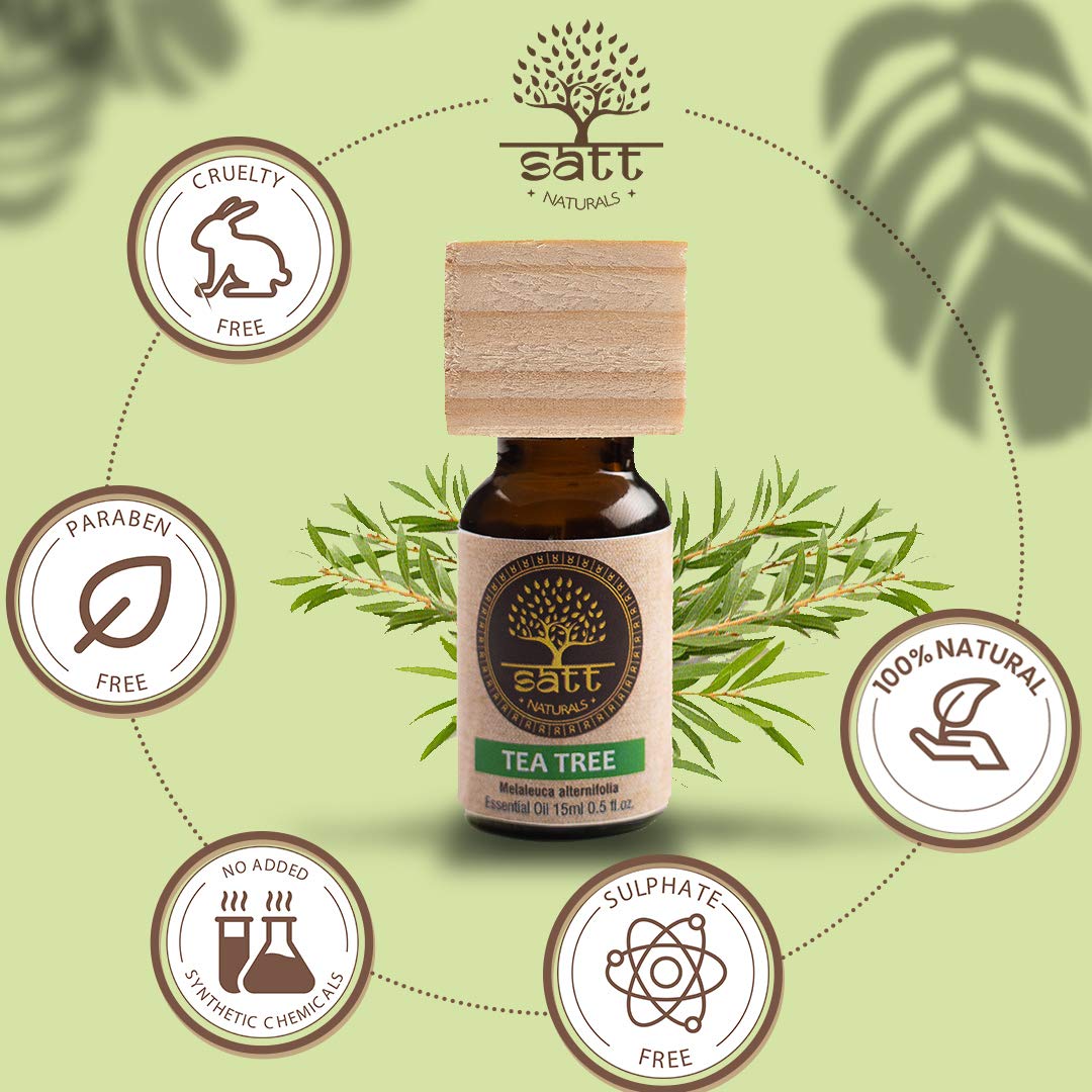 Satt Naturals 100% Pure Australian Tea Tree Essential Oil - 15ml for Skin, Hair, Face Care, Acne Treatment & Immune Support | Undiluted Therapeutic Grade | Perfect for Aromatherapy, DIY Beauty & Home Remedies
