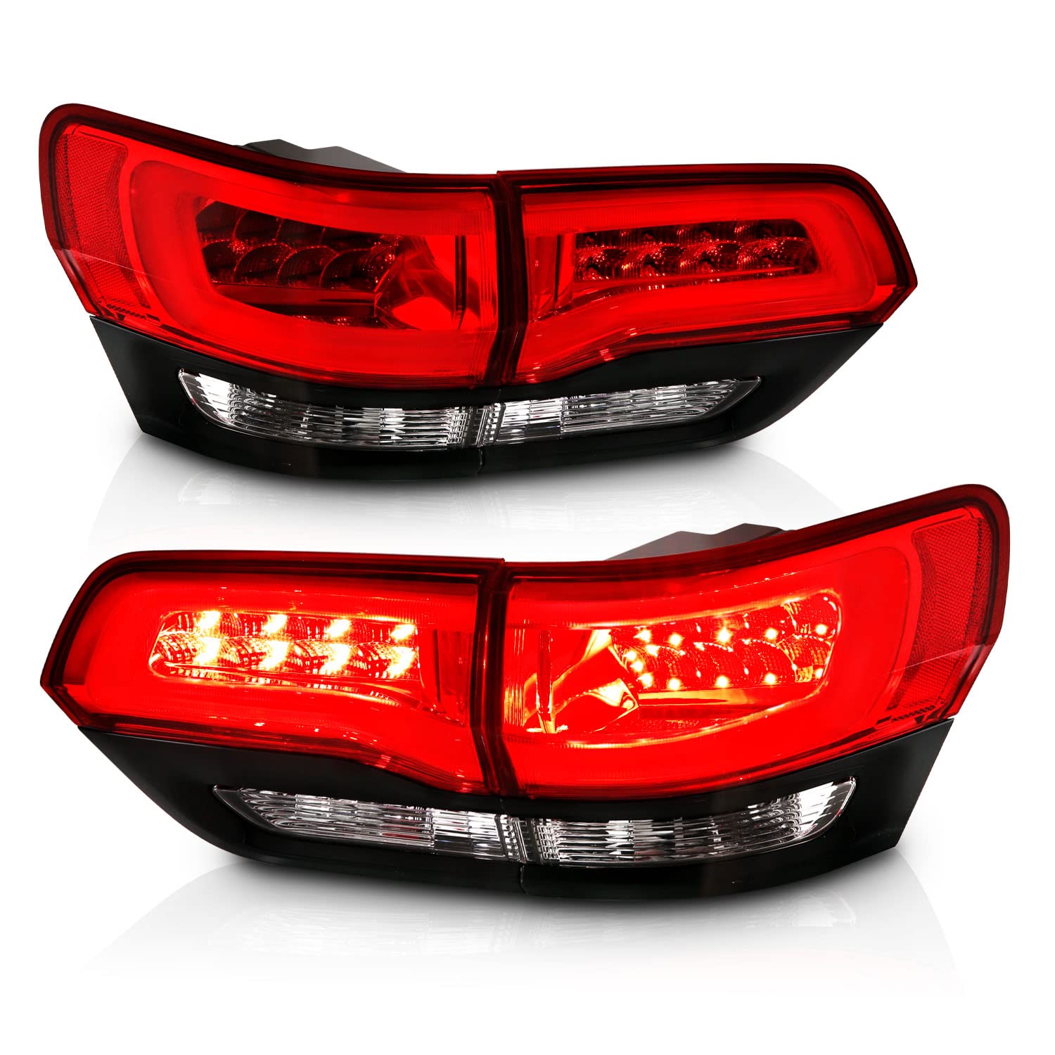 AmeriLite Red/Clear/Black LED Tail Lights with Brake Turn Signals - Compatible with 2014-2017 Jeep Grand Cherokee (4-Piece Set for Both Driver & Passenger Sides) - Upgrade Your Vehicle's Style and Visibility for Night Driving and Off-Road Adventures