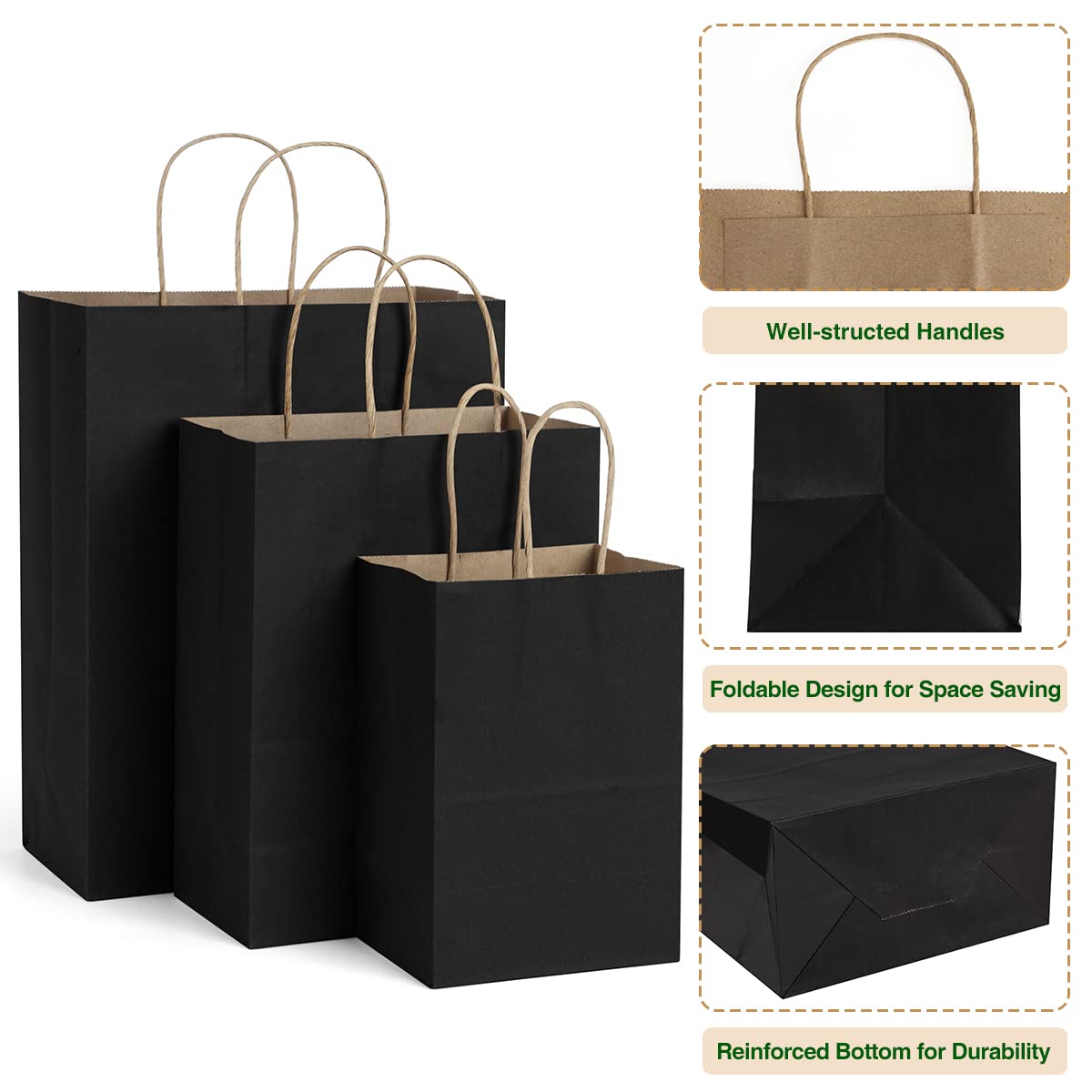 Premium Black Kraft Paper Gift Bags with Handles - 5x3x8, 8x4x10 & 10x5x13 Inches (30 Pack) - Eco-Friendly Party Favor Bags for Birthdays, Retail Shopping, Grocery Takeout & Wedding Favors