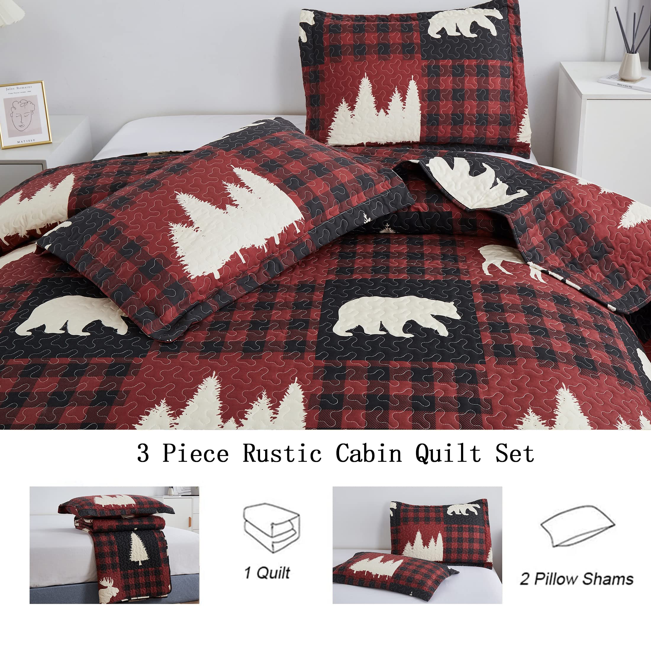 Rustic Buffalo Plaid Quilt Set - Twin Size Red & Black Lodge Bedspread, Lightweight Reversible Coverlet with Forest Moose Bear Design | Perfect for Cabin, Country Home, or Lodge Bedroom Decor