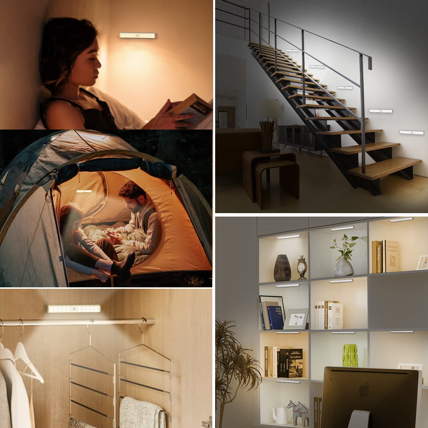 48 LED Rechargeable Under Cabinet Lights with Remote - Dimmable RGB Kitchen Counter & Closet Lighting, 15 Color Changing LED Bar Lights for Shelf, Car, Hallway (6 Pack) - Perfect for Home Kitchen, Garage, Display Cabinets & Mood Lighting