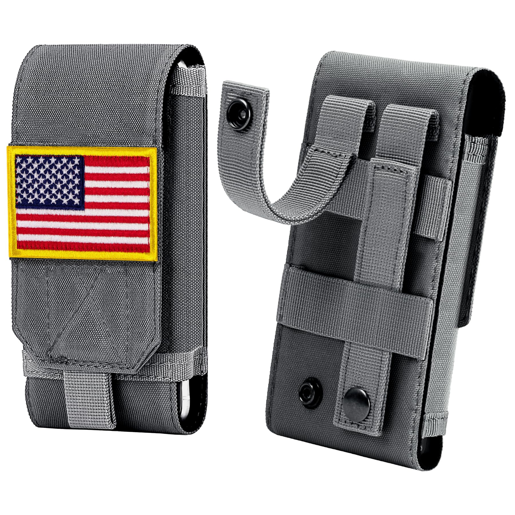 IronSeals Tactical MOLLE Phone Case - Heavy Duty Belt Loop Holster Pouch with American Flag Patch for iPhone 16 Pro Max/16 Plus/16 Pro/16/15 Pro Max/14 Pro Max/13 Pro Max/12 Pro Max & Galaxy S24 Ultra - Military Grade Protection for Outdoor, Hiking, Camping & Tactical Use