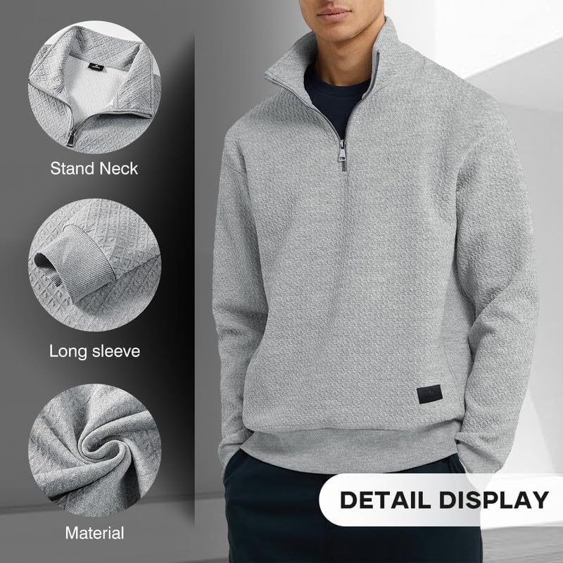 Men's Quarter Zip Sweatshirt - Casual Mock Neck Pullover Long Sleeve Geometric Texture Waffle Knit Top | Perfect for Work, Gym & Outdoor Activities
