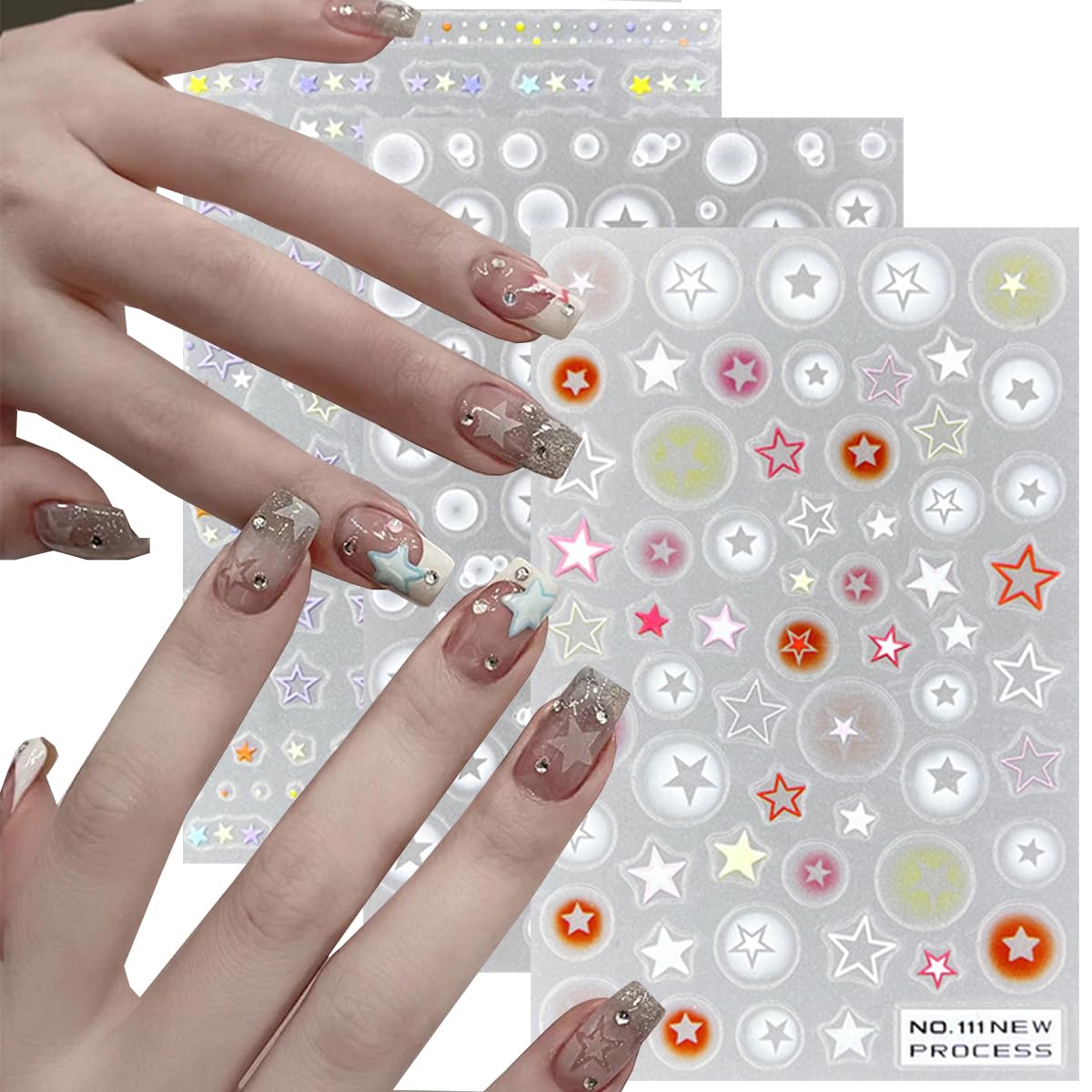 6 Sheets Heart Star Nail Art Stickers - Self-Adhesive 3D Translucent Nail Decals with Hollow Love Design for French Manicure, Airbrush Nails, DIY Crafts - Perfect for Salon, Home Nail Art & Gift Giving