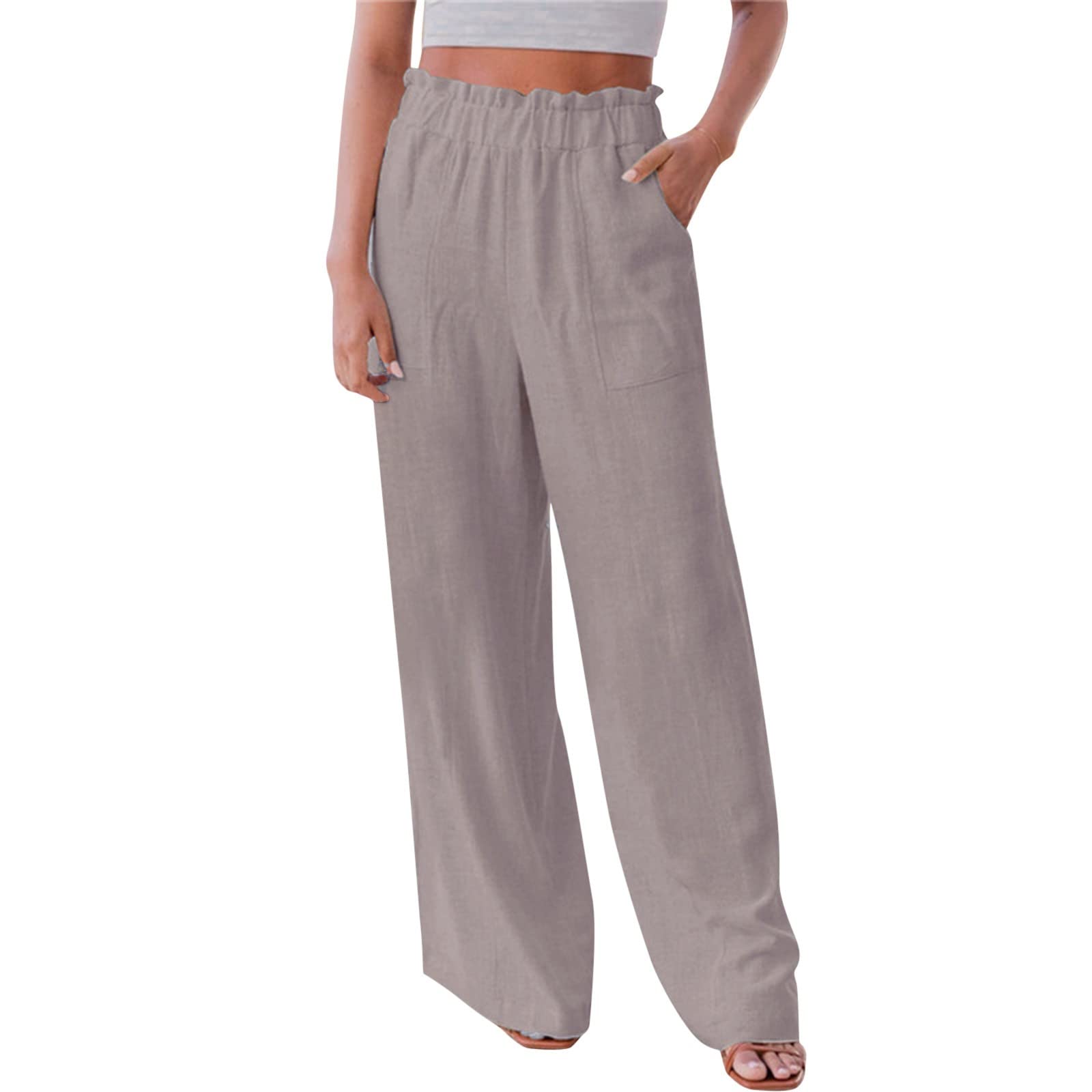 Women's White Linen Pants - Wide Leg High Waisted Flowy Drawstring Crop Pants with Pockets | Summer Beachwear, Casual Outfits & Boho Style Fashion