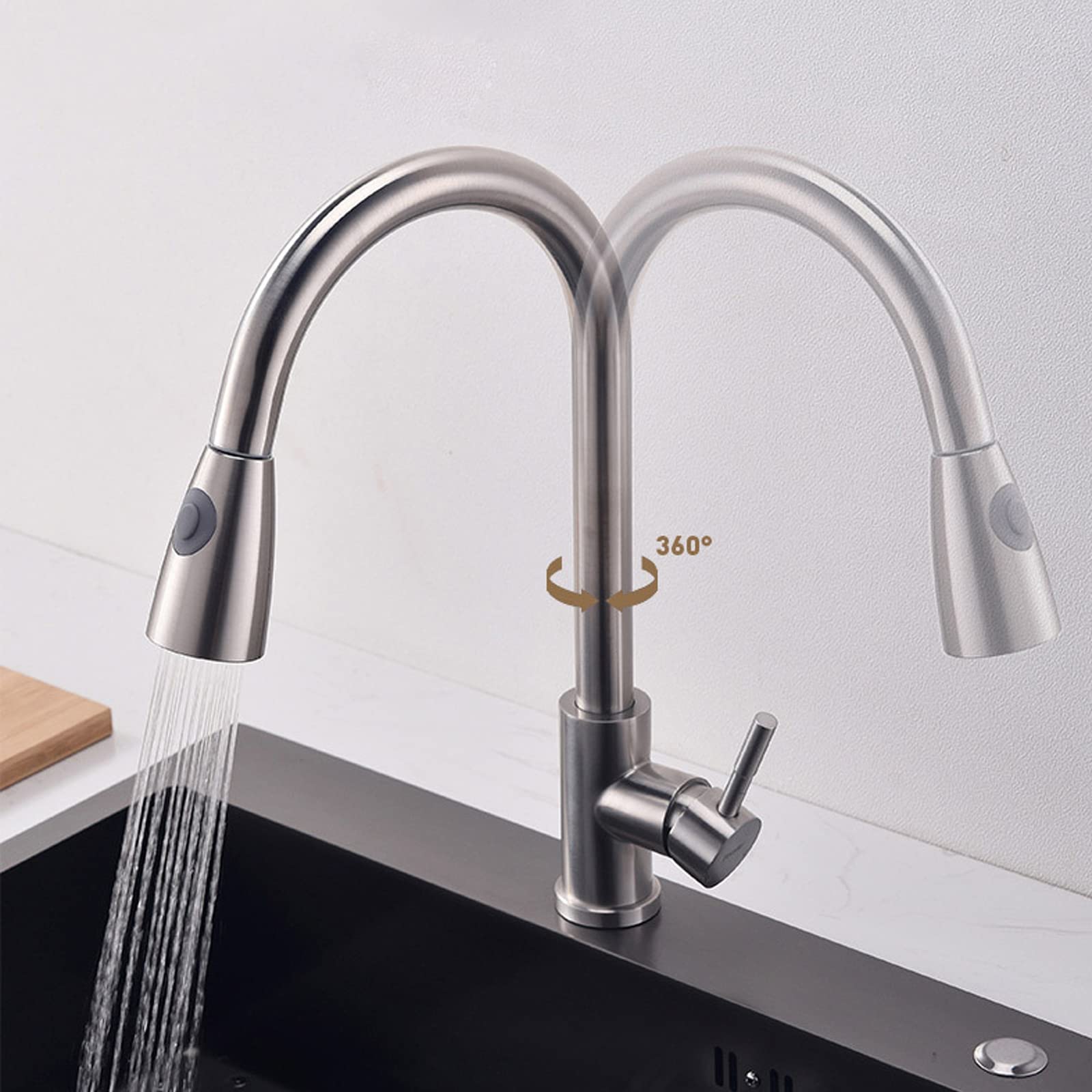 **Pull Down Kitchen Faucet - Brushed Stainless Steel with Dual Function Sprayer, 360° Rotation for Easy Cleaning - Perfect for Modern Kitchens & Sinks**