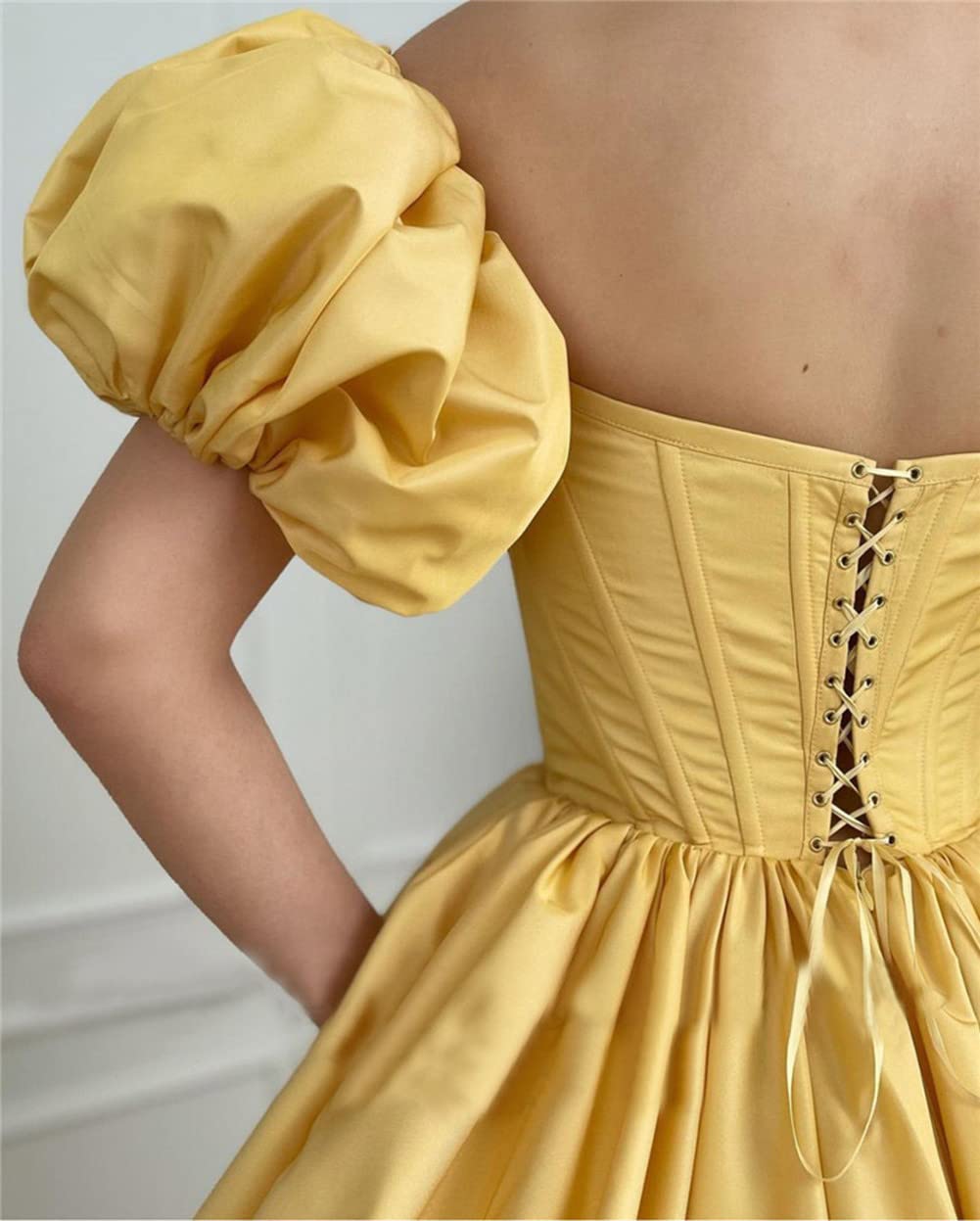 Emanni Women's Satin Formal Evening Dress with Puff Sleeves & Pockets - Elegant Short Prom Gown in Yellow for Cocktail Parties, Weddings & Special Occasions