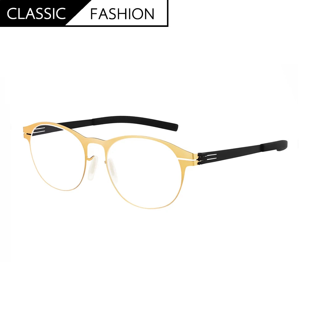 Aimee Men's Full Rim Round Screwless Stainless Steel Eyeglasses Frame 2001 - Lightweight & Durable Glasses for Work, Reading & Everyday Use