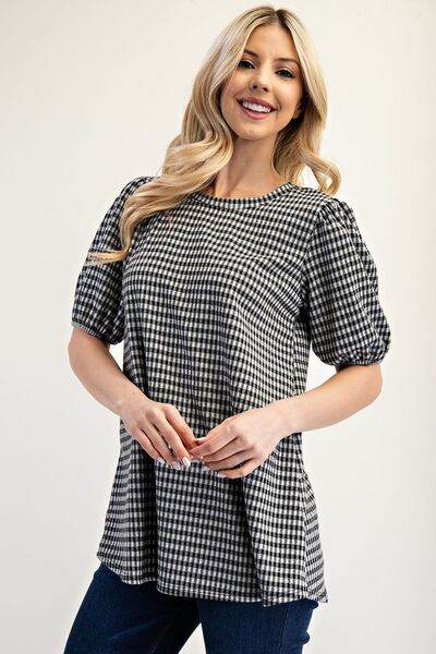 Celeste Gingham Print Blouse with Puff Sleeves - Plus Size Women's Fashion Top for Casual Wear & Summer Outfits