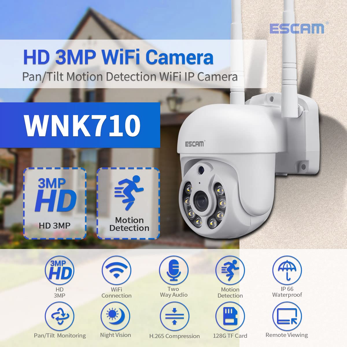 ESCAM WNK710 3MP Wireless WiFi IP Security Camera - Indoor Smart Home Camera with Motion Detection, Human Detection, 2-Way Audio & Night Vision - Ideal for Baby Monitor, Pet Camera, Nanny Cam, Garage & Yard Surveillance (White)