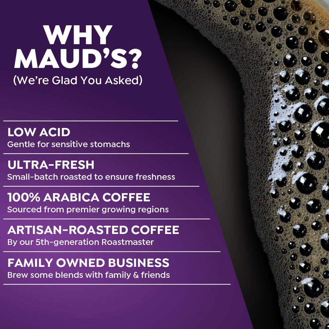 Maud's Half Caffeine Ground Coffee - Medium Roast Arabica Beans for Smooth Flavor | Perfect for Morning Brew & Afternoon Pick-Me-Up