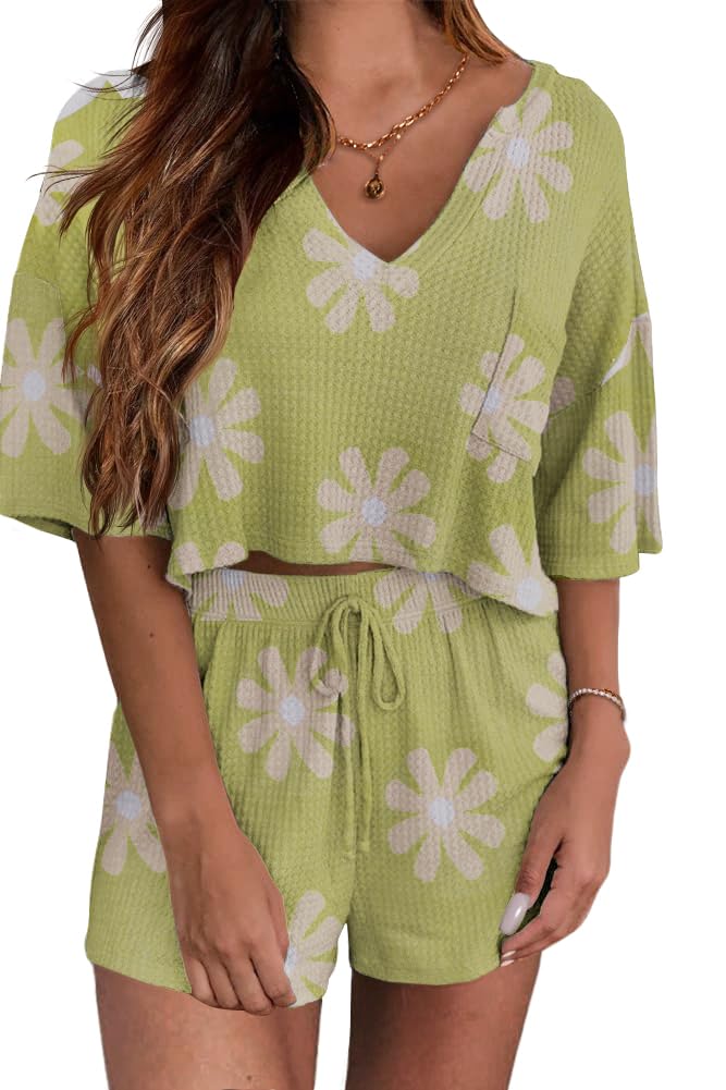 Ekouaer Women's Waffle Knit Pajama Set - Short Sleeve Crop Top & PJ Shorts 2-Piece Lounge Wear | Soft Sleepwear for Women, Cozy Home Outfit, Perfect for Sleeping, Lounging & Relaxing at Home