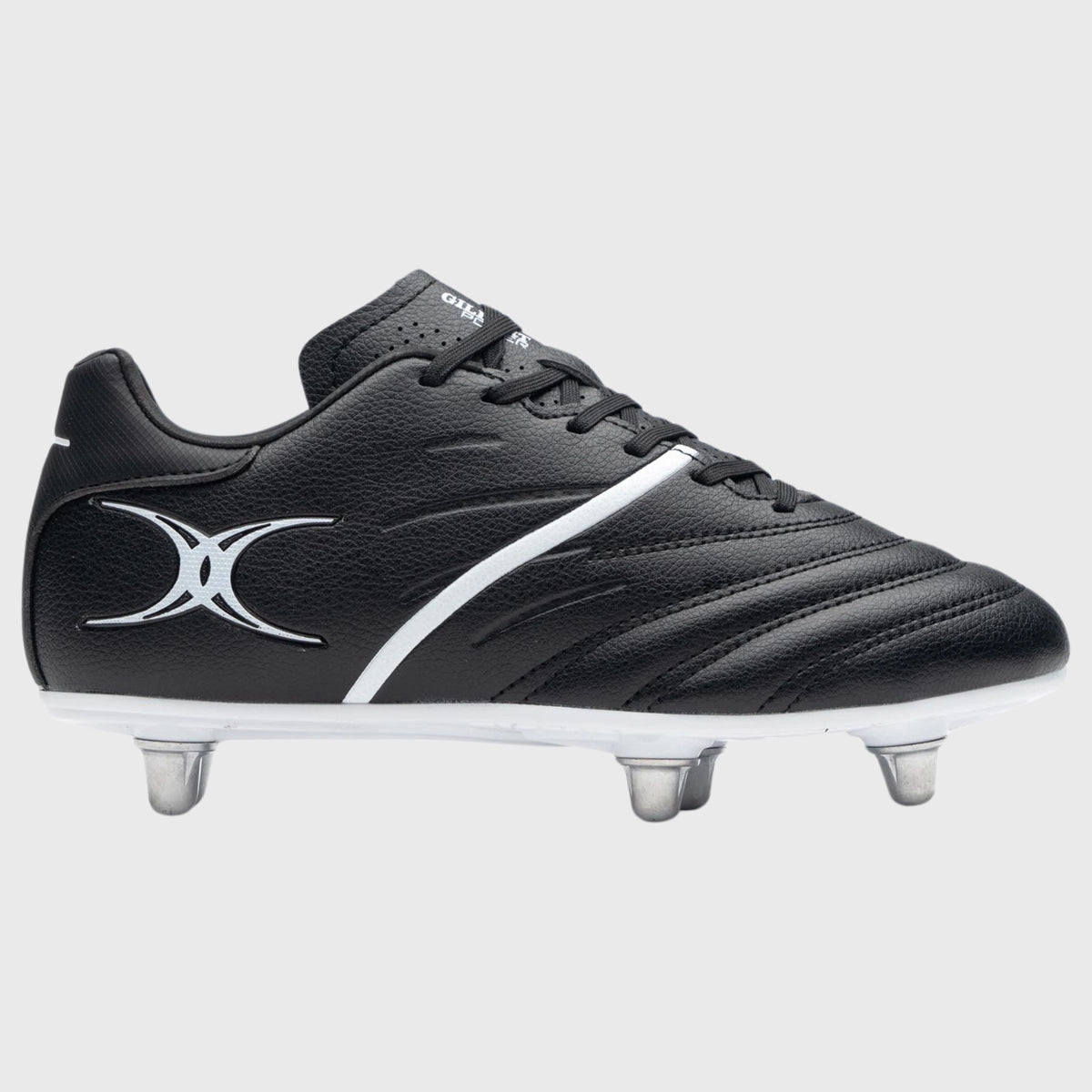 Gilbert Sidestep X20 Junior 6 Stud Rugby Boots for Kids - Black/White Rugby Cleats - Perfect for Youth Rugby Training & Matches on Wet Grass Fields