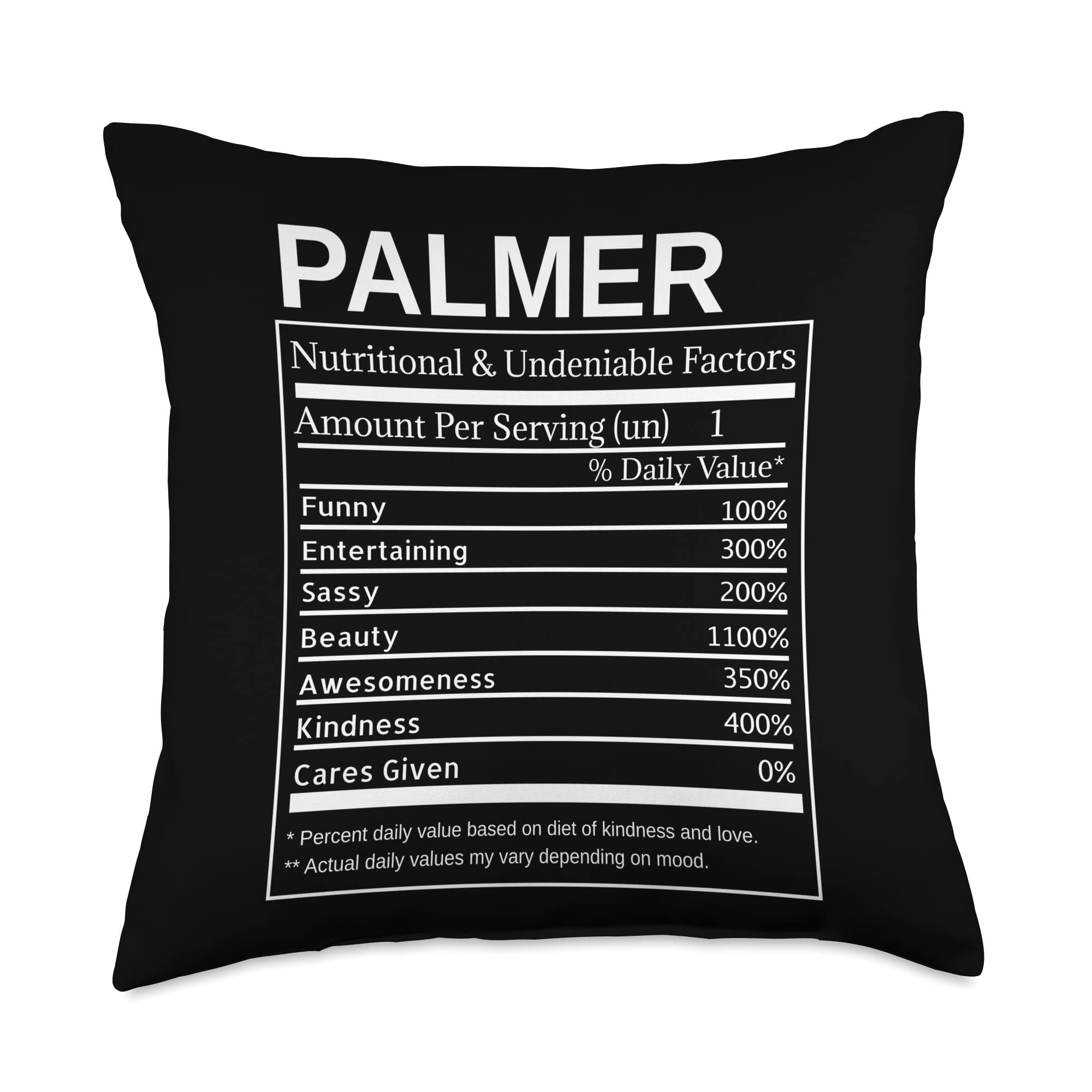 Palmer Personalized Name Tees - Funny Sarcastic Nutrition Facts Design - Customized Throw Pillow 18x18 Inches - Multicolor - Perfect for Home Decor, Gifts & Office Humor
