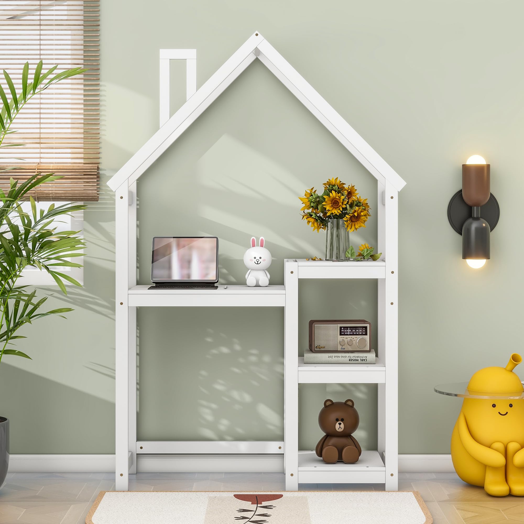 Kids Wooden House-Shaped Writing Desk - Multi-Functional Study Table with 3-Tier Storage Shelves, Open Bookshelf & Toy Organizer - Perfect for Bedroom, Playroom & Homeschooling (White)