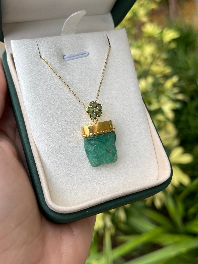14K Gold Raw Hand Carved Emerald Crystal Pendant Necklace - 24tcw May Birthstone Jewelry for Women, Gift for Mom, Birthday, Anniversary & Special Occasions