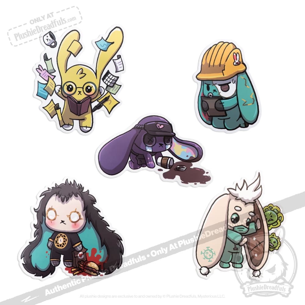 Plushie Dreadfuls Vinyl Sticker Pack Vol. 3 - Buns At Work | Cute Bunny Stickers for Laptops, Water Bottles & DIY Crafts