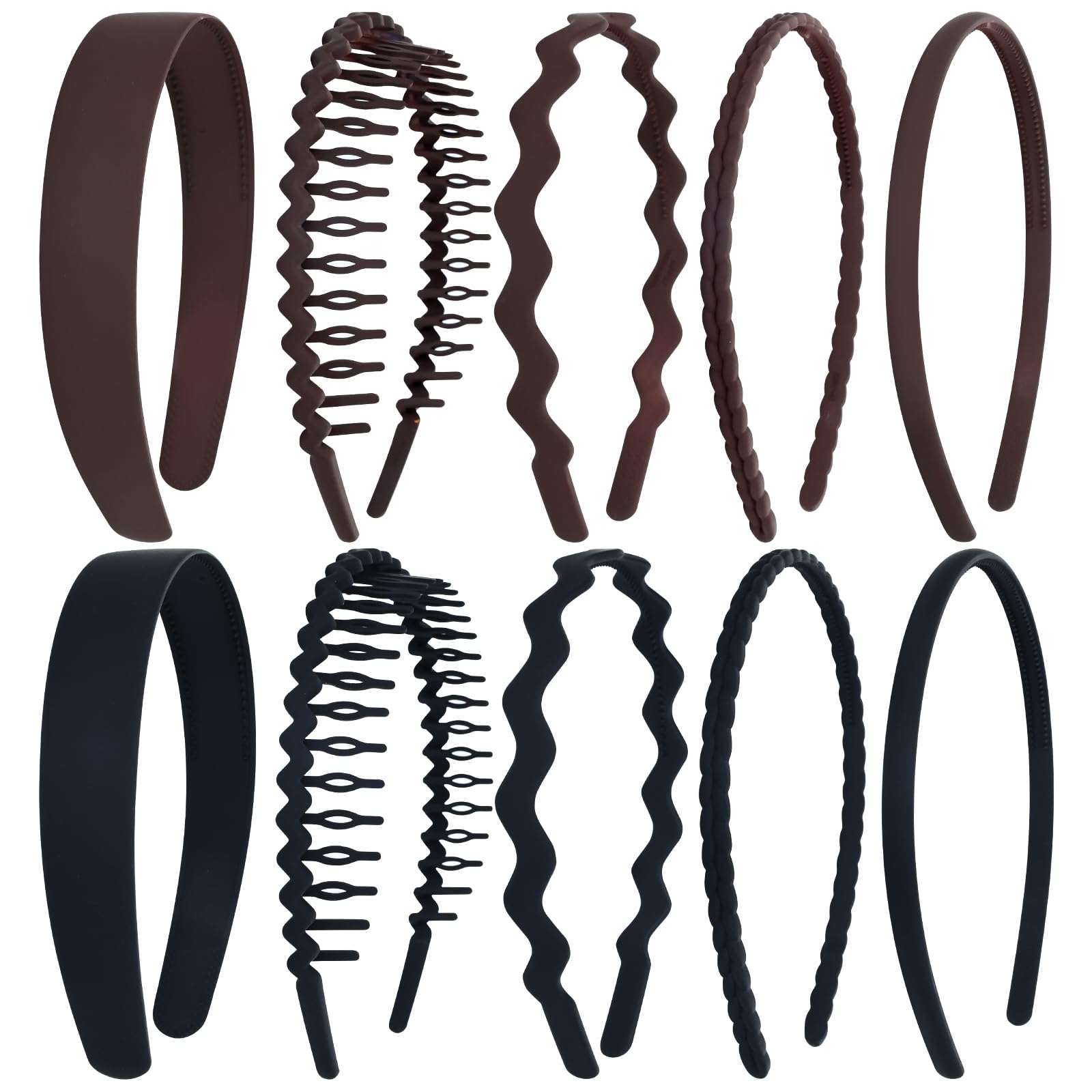 Cinaci 10-Pack Non-Slip Wavy Braided Headbands - 5 Styles (Dark Coffee/Black) Matte Elastic Hair Bands with Teeth for Men, Women, Teens & Kids - Perfect for Sports, Workouts, Yoga & Everyday Styling