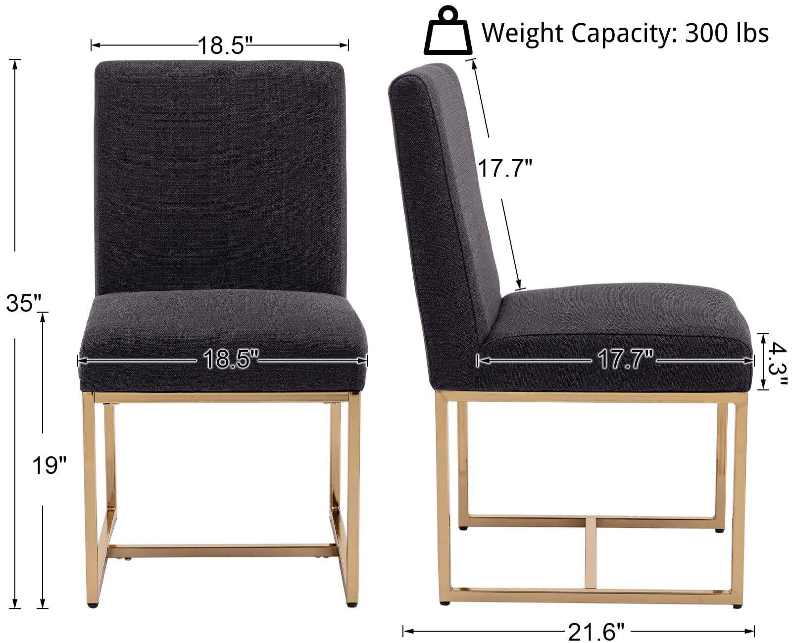 Mid Century Modern Upholstered Dining Chairs Set of 2 - Gold Metal Legs, Linen Fabric Padded Armless Side Chairs for Dining Room, Living Room & Bedroom - Comfortable Seating for Home Decor & Entertaining (Black, 2-Piece Set)