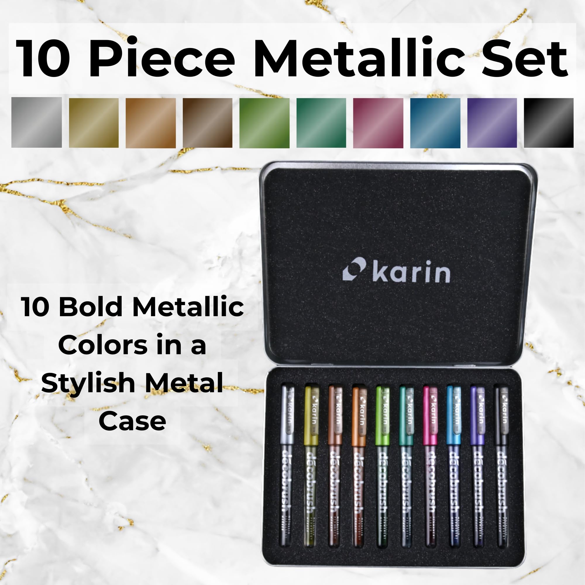 Premium Karin DecoBrush Metallic Markers Set - 10 Vibrant Permanent Paint Pens for Black Paper, Scrapbooking & DIY Crafts (Gold, Silver & More) in Metal Storage Box - Perfect for Calligraphy, Card Making & Art Projects