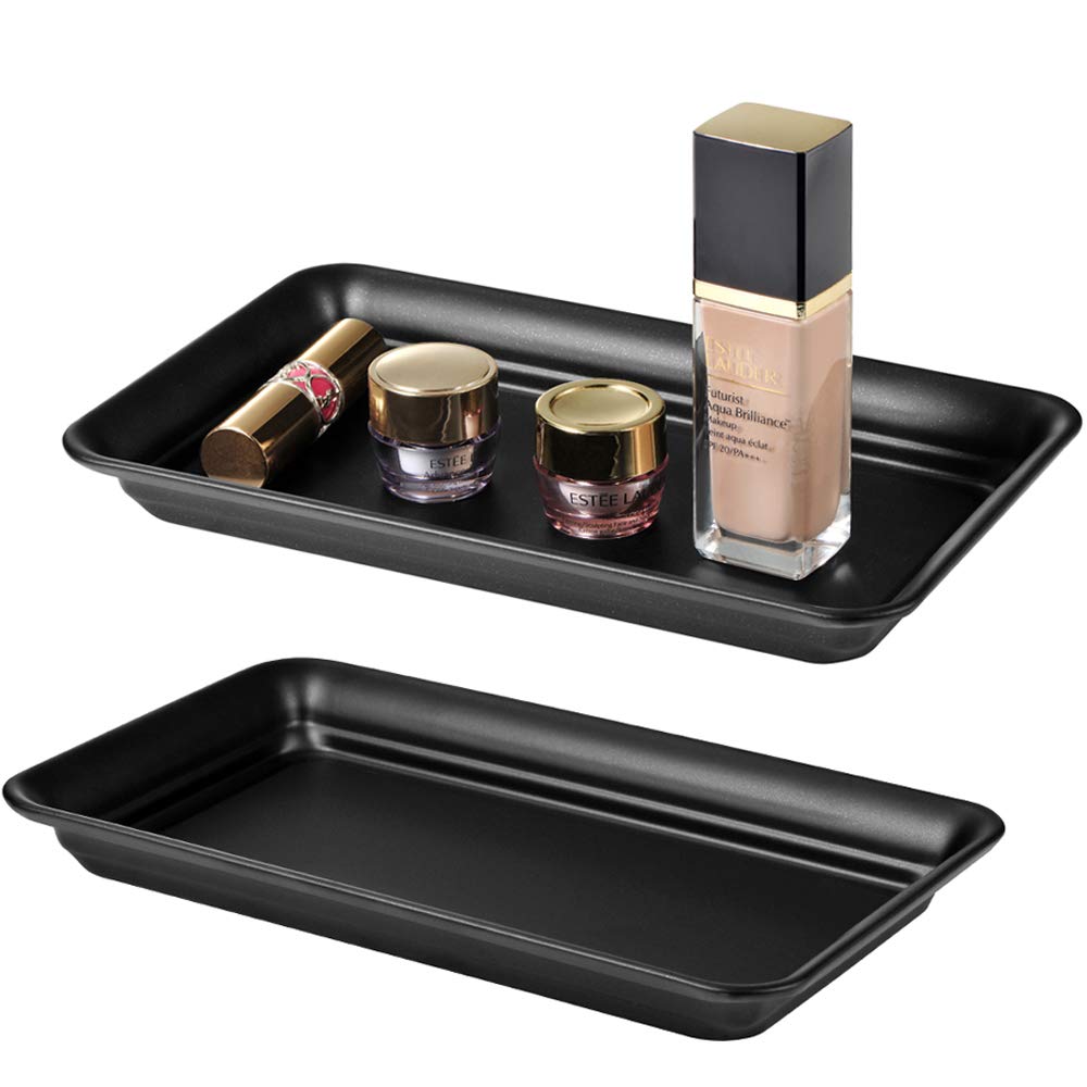 Vintage Farmhouse Decor Metal Vanity Tray (2 Pack) - Countertop Organizer for Hand Towels, Perfume, Cosmetics, Jewelry & Makeup | Bathroom & Vanity Storage Solution | Rustic Black Tray for Home Decor & Gift Giving