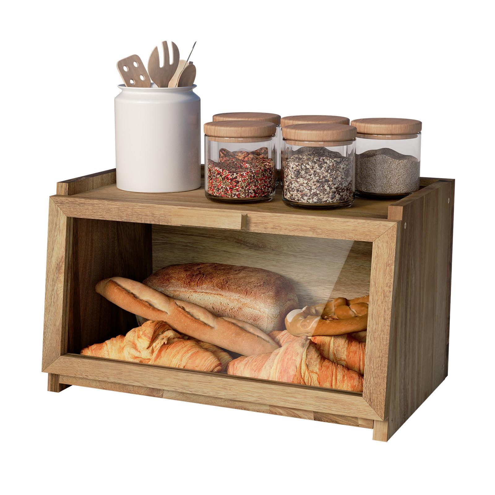 Premium Acacia Wood Bread Box with Clear Window & Air Vent - Large Kitchen Countertop Bread Storage Container, Anti-Falling Design for Fresh Bread & Pastries | Perfect for Home, Bakery & Restaurant Use