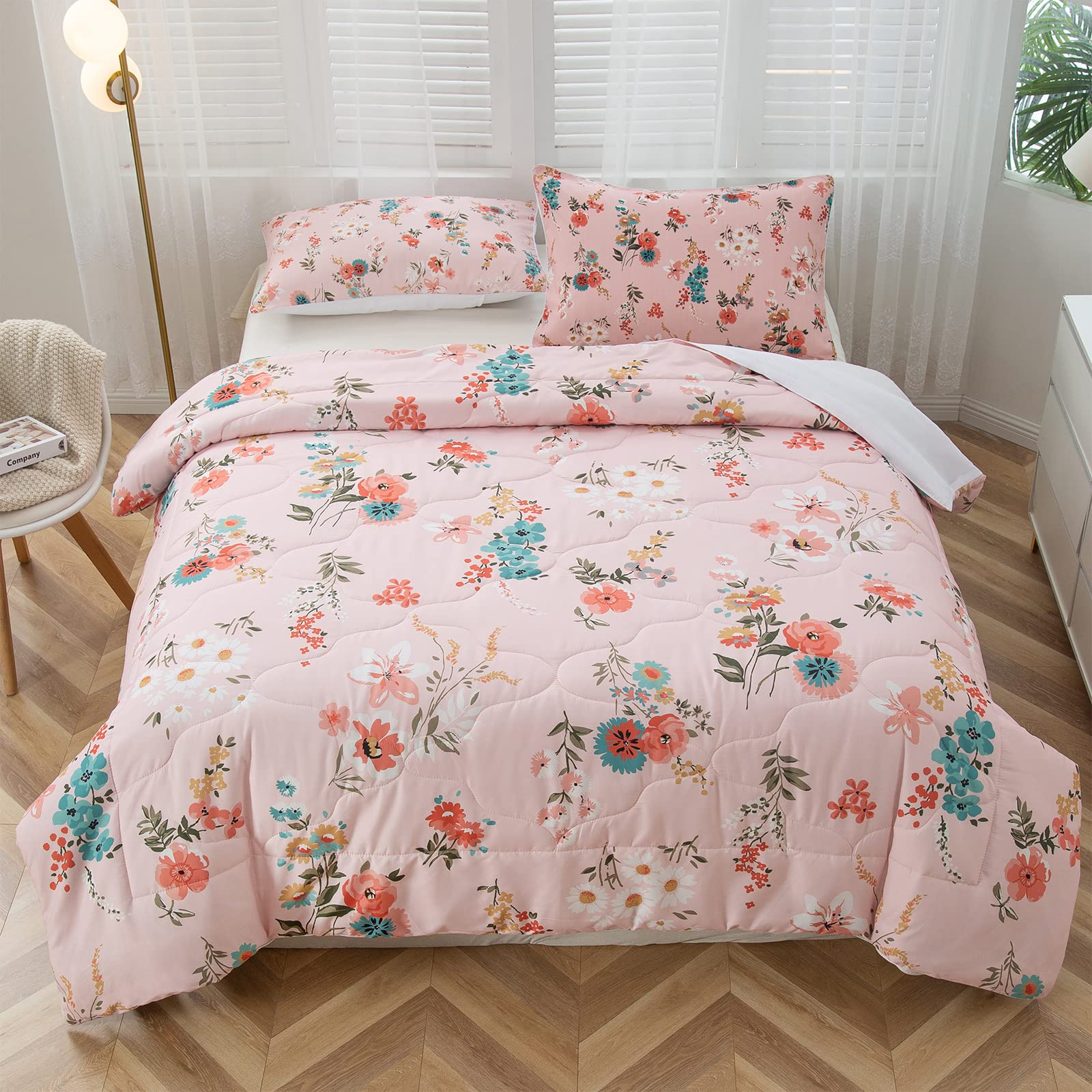 TOPTREE Vintage Floral Comforter Set Twin Size - Botanical Leaf Print Bedding for Girls Teens Kids | Pink Floral Duvet Cover with Modern Trendy Design | Perfect for Bedroom Decor, Dorm Room & Gift Giving