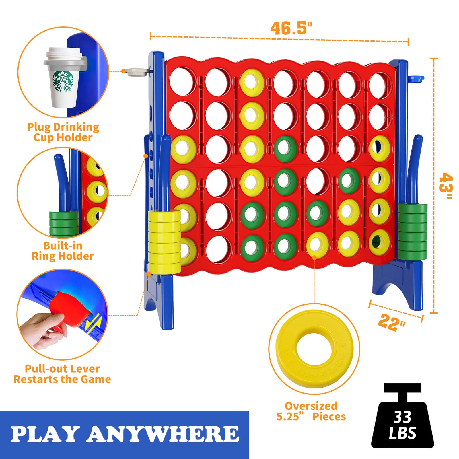 Giant 4 in a Row Connect Game Set - 4ft x 3.5ft Oversized Board with 44 Rings & Cup Holder - Includes Carry Bag for Easy Transport - Indoor & Outdoor Yard Games for Kids, Adults, Family - Perfect for Backyard Parties, BBQs, Picnics, and Beach Fun (Red & Blue)