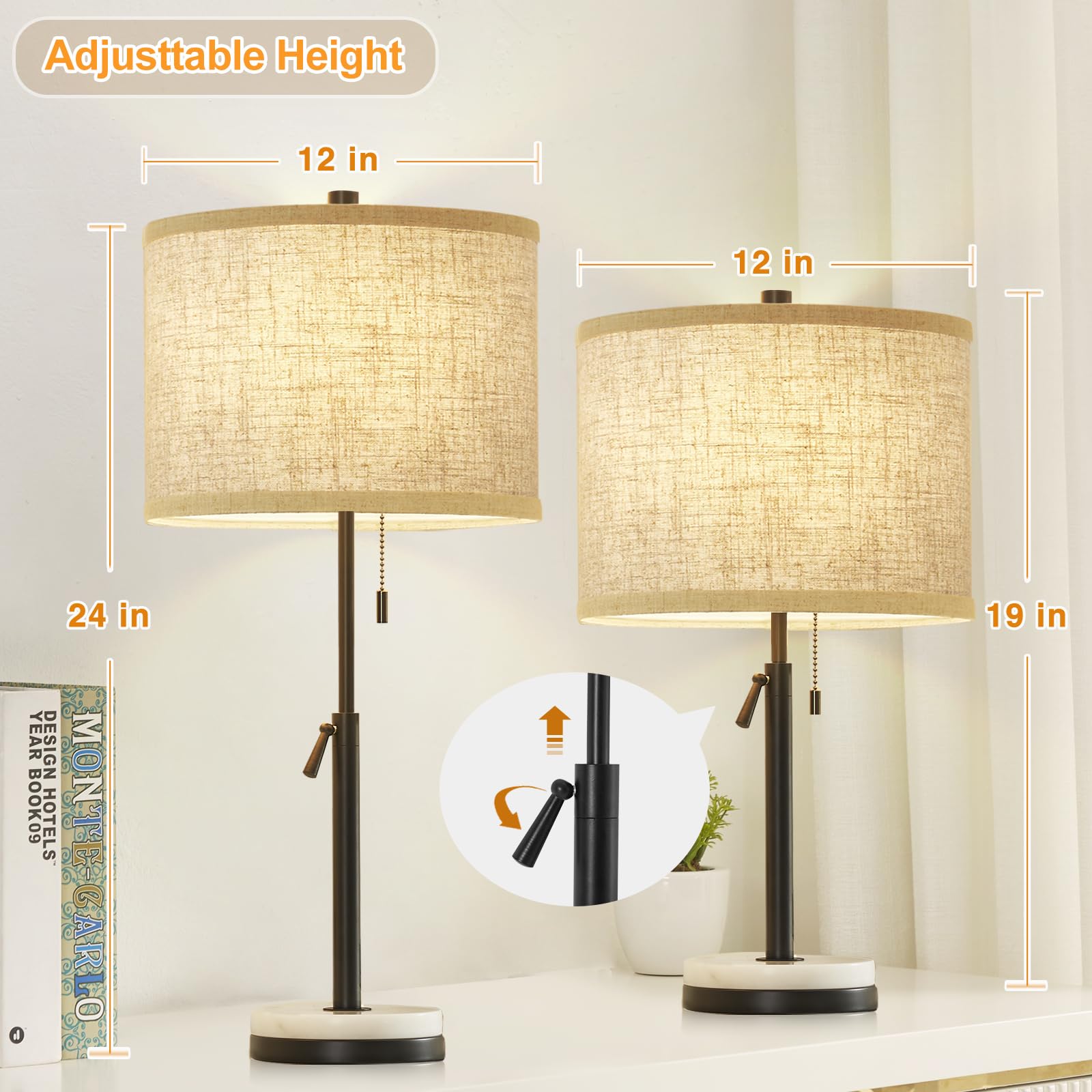 GyroVu Adjustable Height Table Lamps Set of 2 - Modern Marble Nightstand Lamps with Pull Chain for Bedroom, Living Room & Office - Black (Bulbs Not Included) | Perfect for Reading, Decor & Ambient Lighting