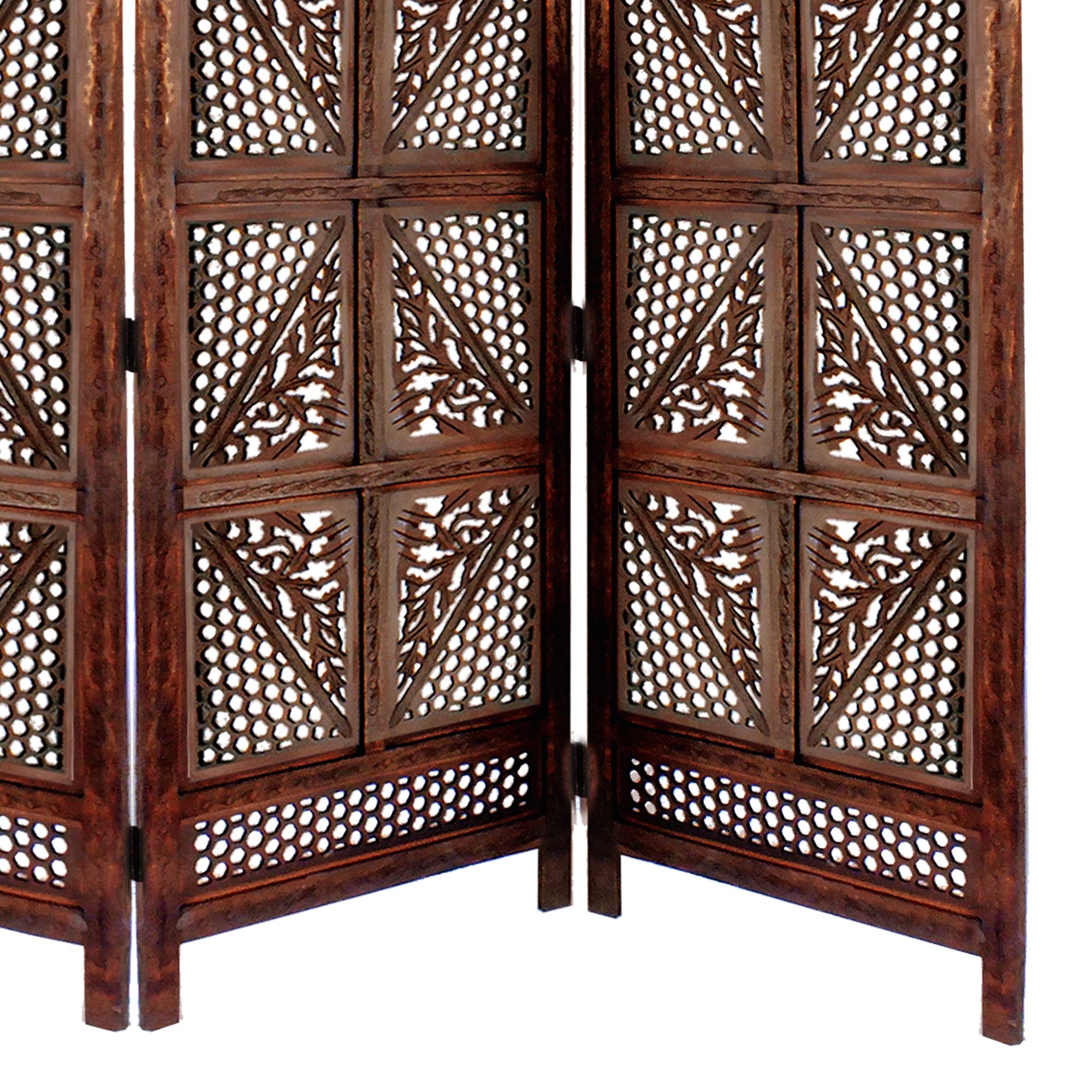 Benjara Traditional 4-Panel Wooden Room Divider with Hand-Carved Details - Antique Brown - Privacy Screen for Home, Office & Bedroom Decor
