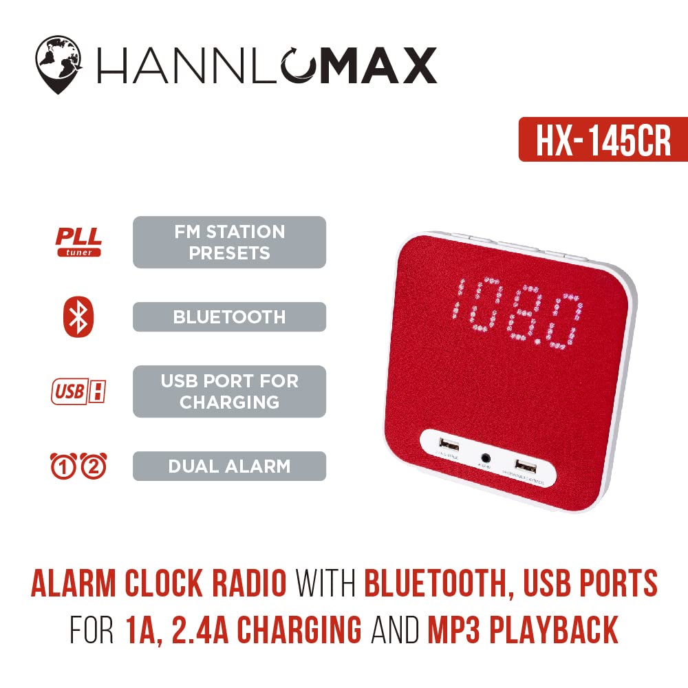 HANNLOMAX HX-145CR Digital Alarm Clock Radio with FM PLL Tuner, Dual Alarm, 2 USB Charging Ports (2.4A+1A), Aux Input - Perfect for Bedroom, Office, Travel (Red)