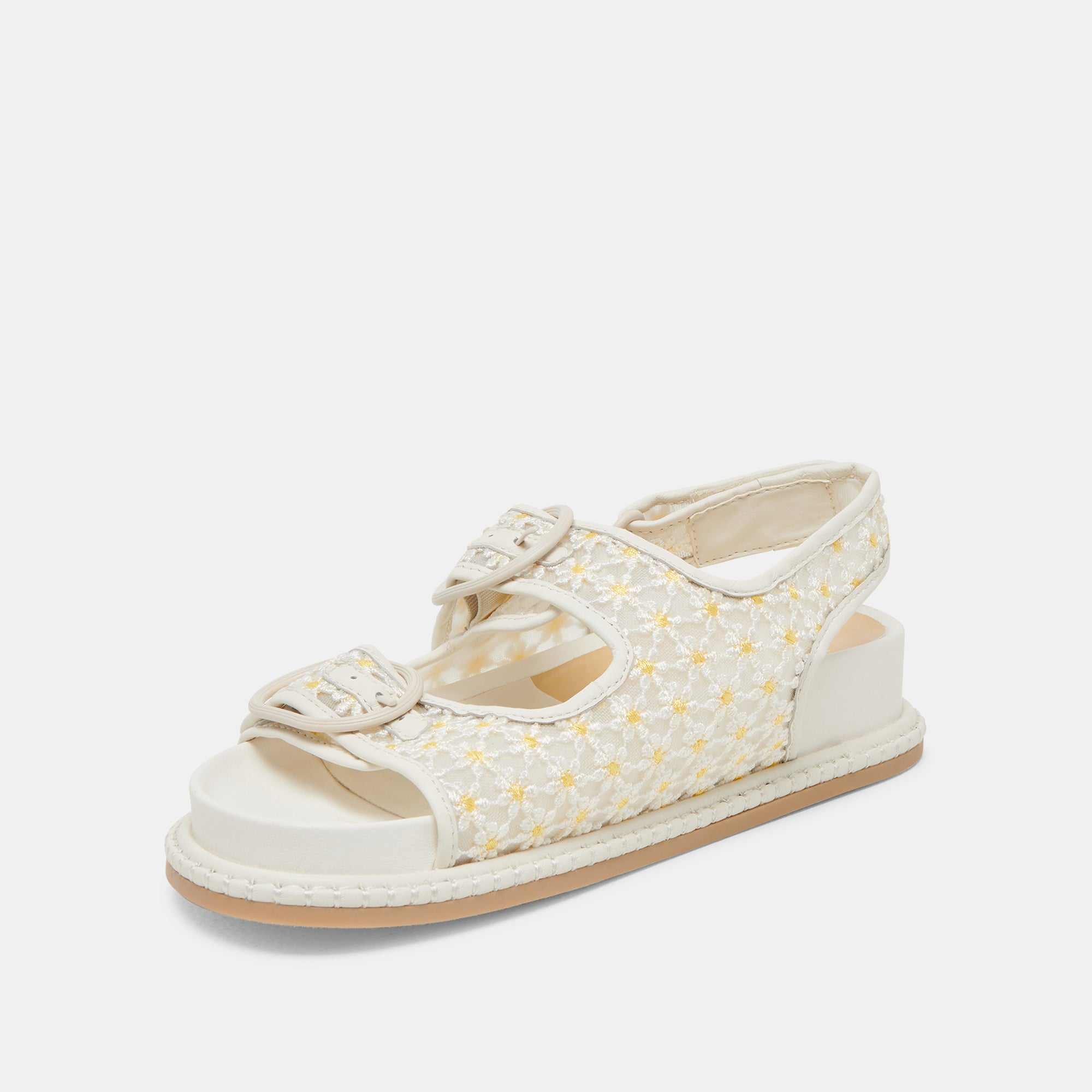 Stuart Floral Sandals for Women - White & Yellow Mesh Summer Sandals with Flower Design | Comfortable Beach Sandals for Vacation, Walking, and Outdoor Activities