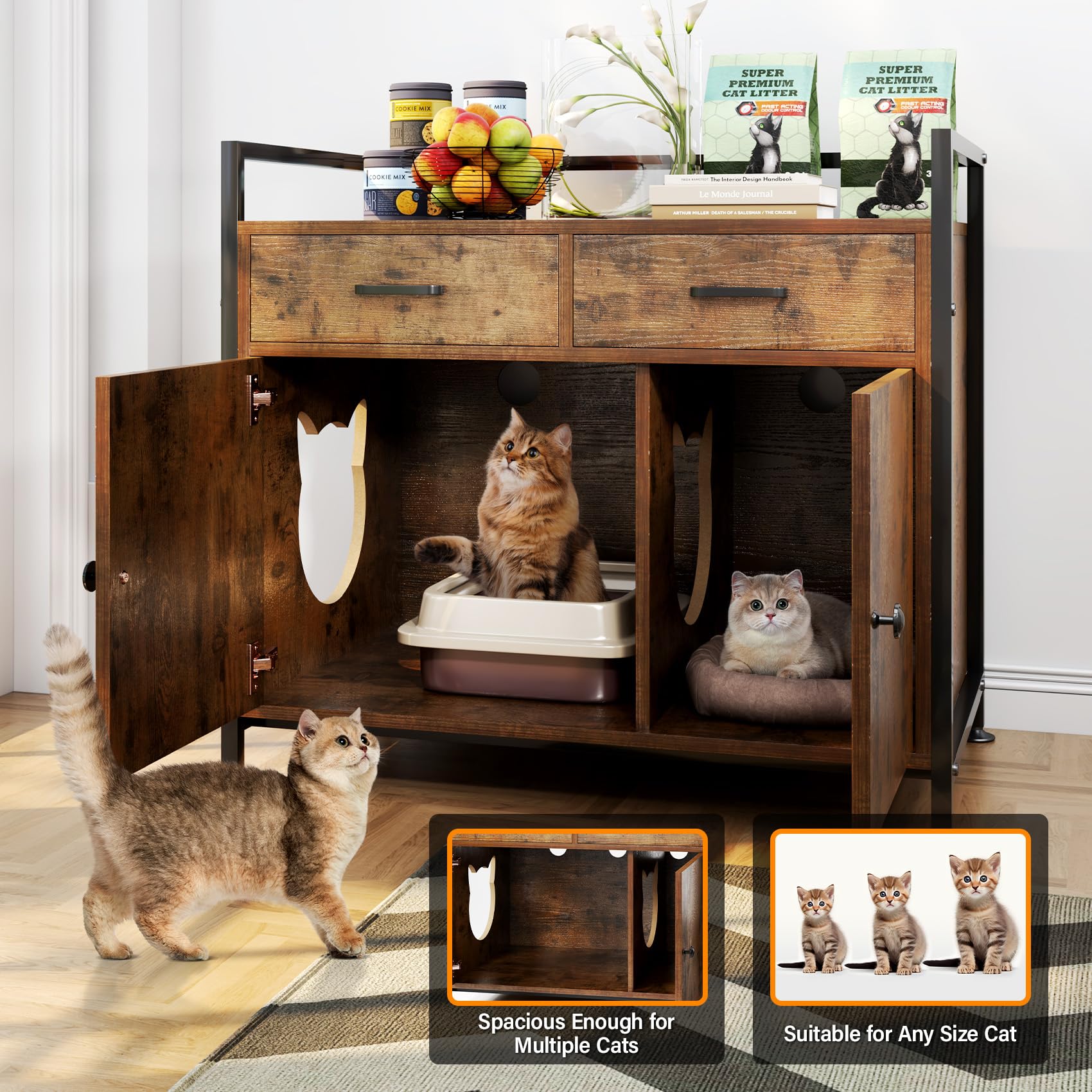 TC-HOMENY Cat Litter Box Enclosure - Modern Furniture Storage Cabinet with Odor Control for Living Room | Stylish Pet Furniture for Small Spaces & Home Decor