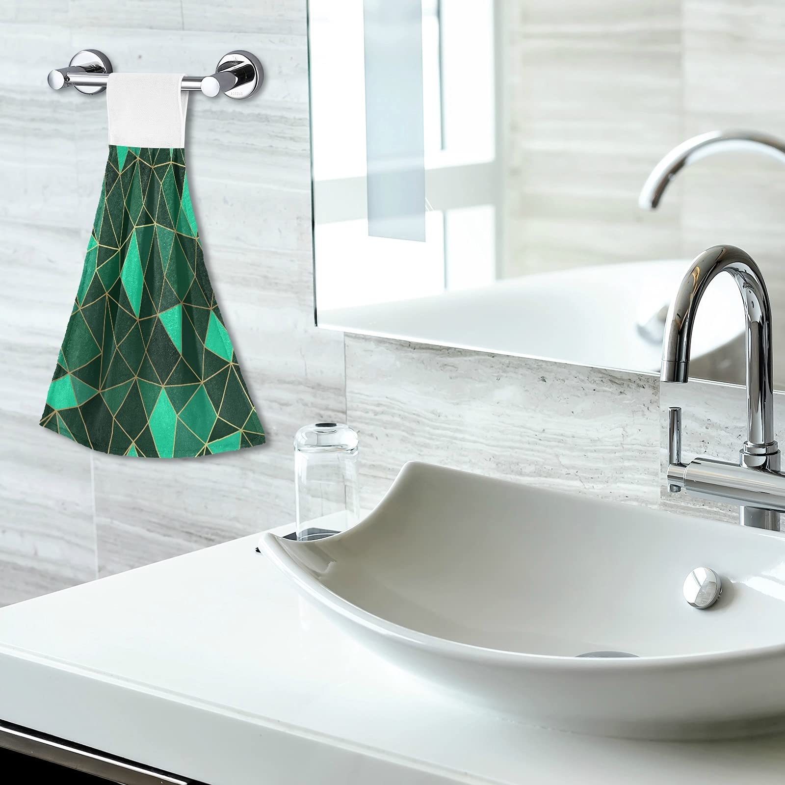 Poeticcity Luxury Emerald Geometric Diamond Gold & Green 2-Piece Kitchen Hand Towel Set with Hook & Loop - Absorbent Hanging Dishcloths for Tea Bar, Bath & Decorative Use
