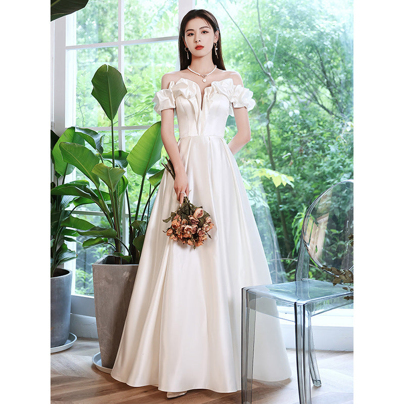 Off Shoulder Satin White Wedding Dress - A-Line Prom Gown with Lace Details | Perfect for Bridal, Formal Events & Special Occasions