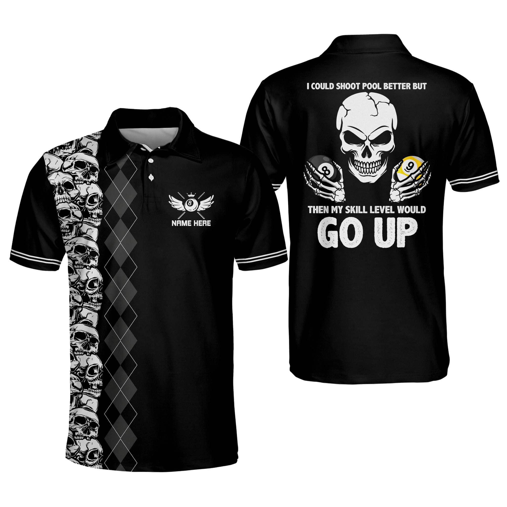 LASFOUR Custom Billiard Polo Shirts for Men - Funny Skull Print Short Sleeve Shirts - Perfect for Pool Parties, Casual Wear & Billiard Tournaments