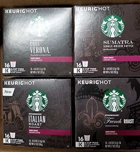 Starbucks Dark Roast Variety Pack 128Ct K-Cup Pods (French Roast, Italian Roast, Caffè Verona, Sumatra) - Perfect for Home & Office Coffee Brewing