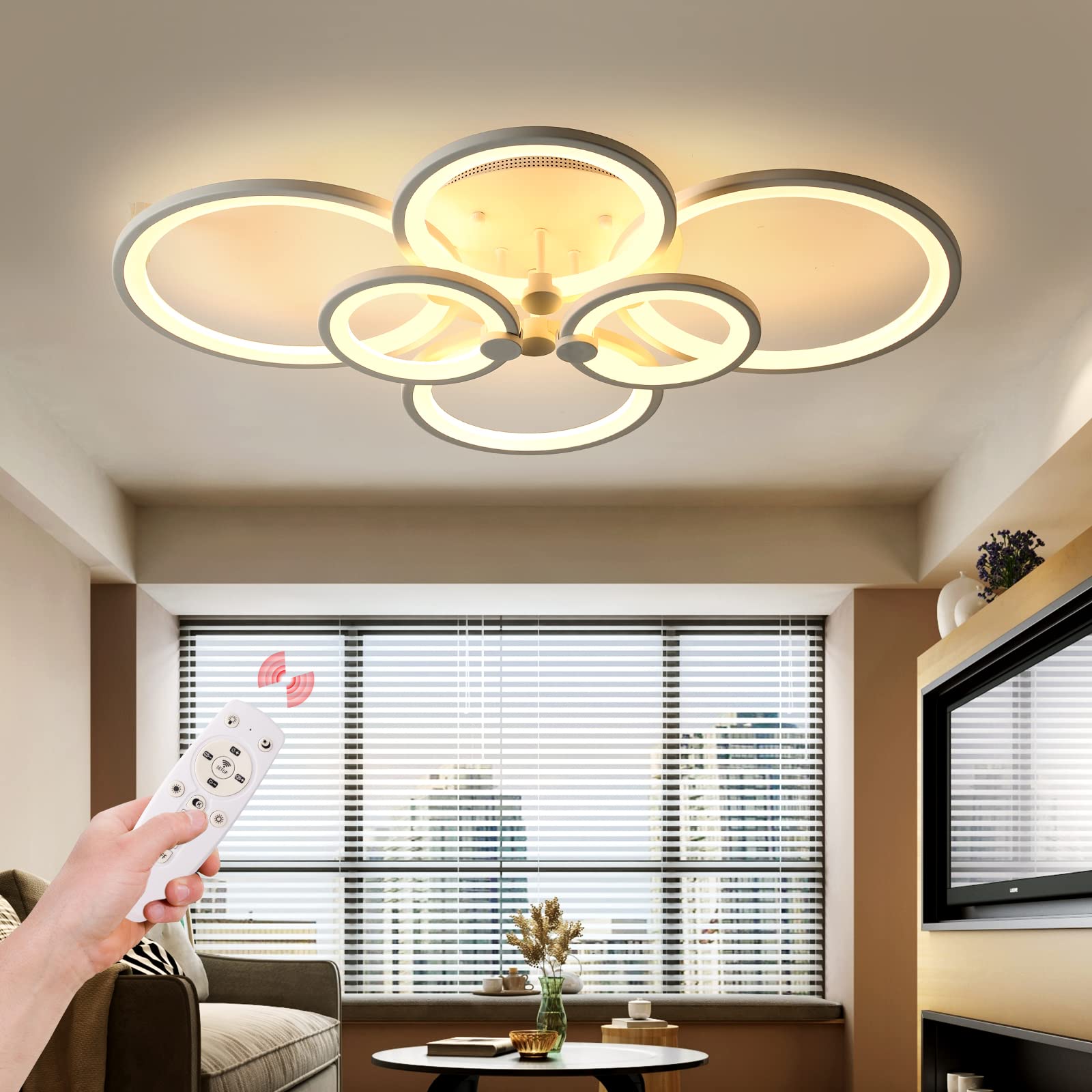 Modern 6-Ring LED Ceiling Light Fixture - 55W Dimmable White Ceiling Mount Lamp with Remote Control for Living Room, Bedroom, Dining Room & Kids Room | Contemporary Home Lighting for Relaxation & Entertainment