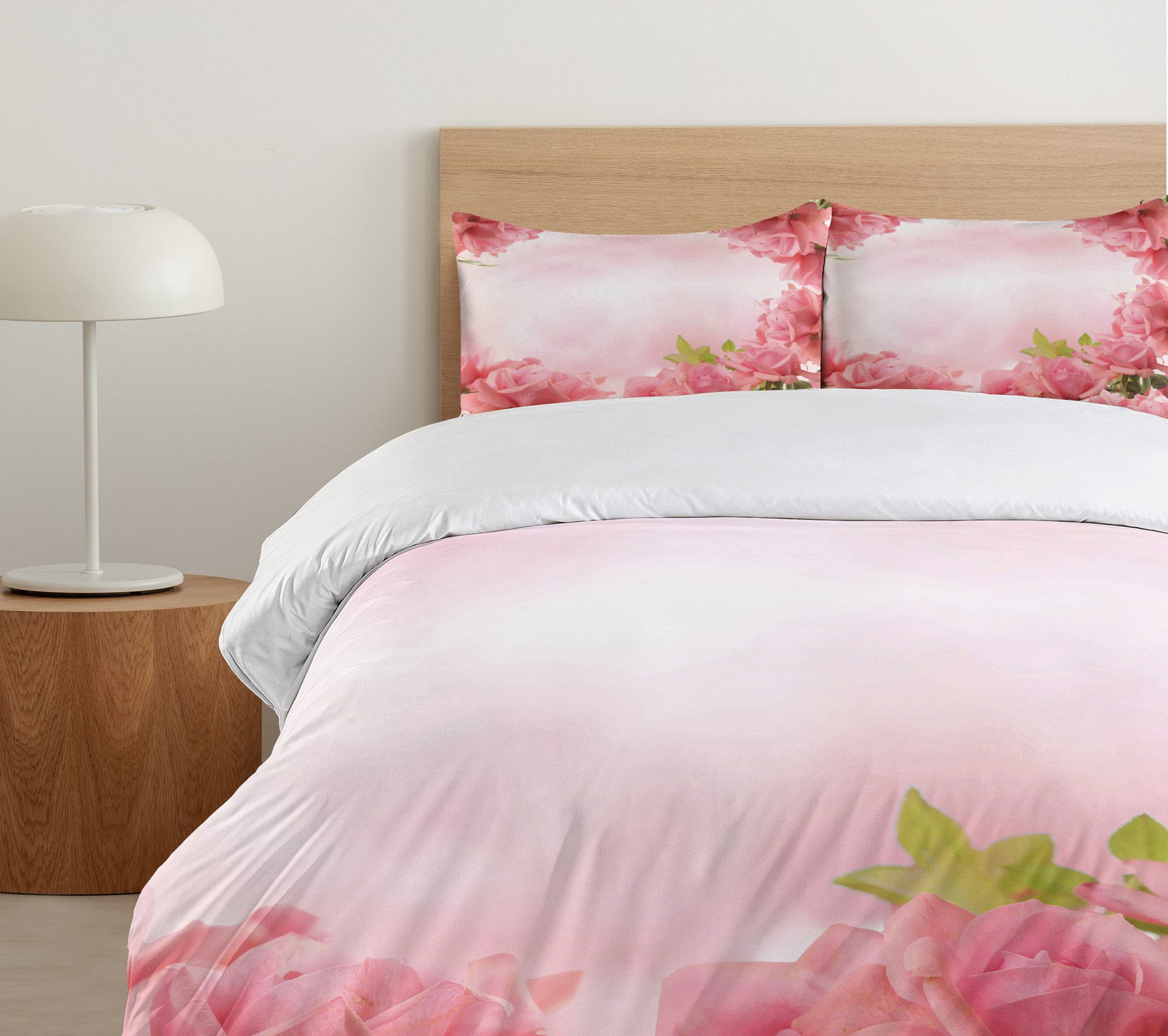 Ambesonne Valentine Duvet Cover Set - Romantic Rose & Leaf Design Bridal Wedding Bedding, 3-Piece King Size Set with 2 Pillow Shams in Pink Coral Green | Perfect for Master Bedroom, Guest Room & Valentine's Day Decor